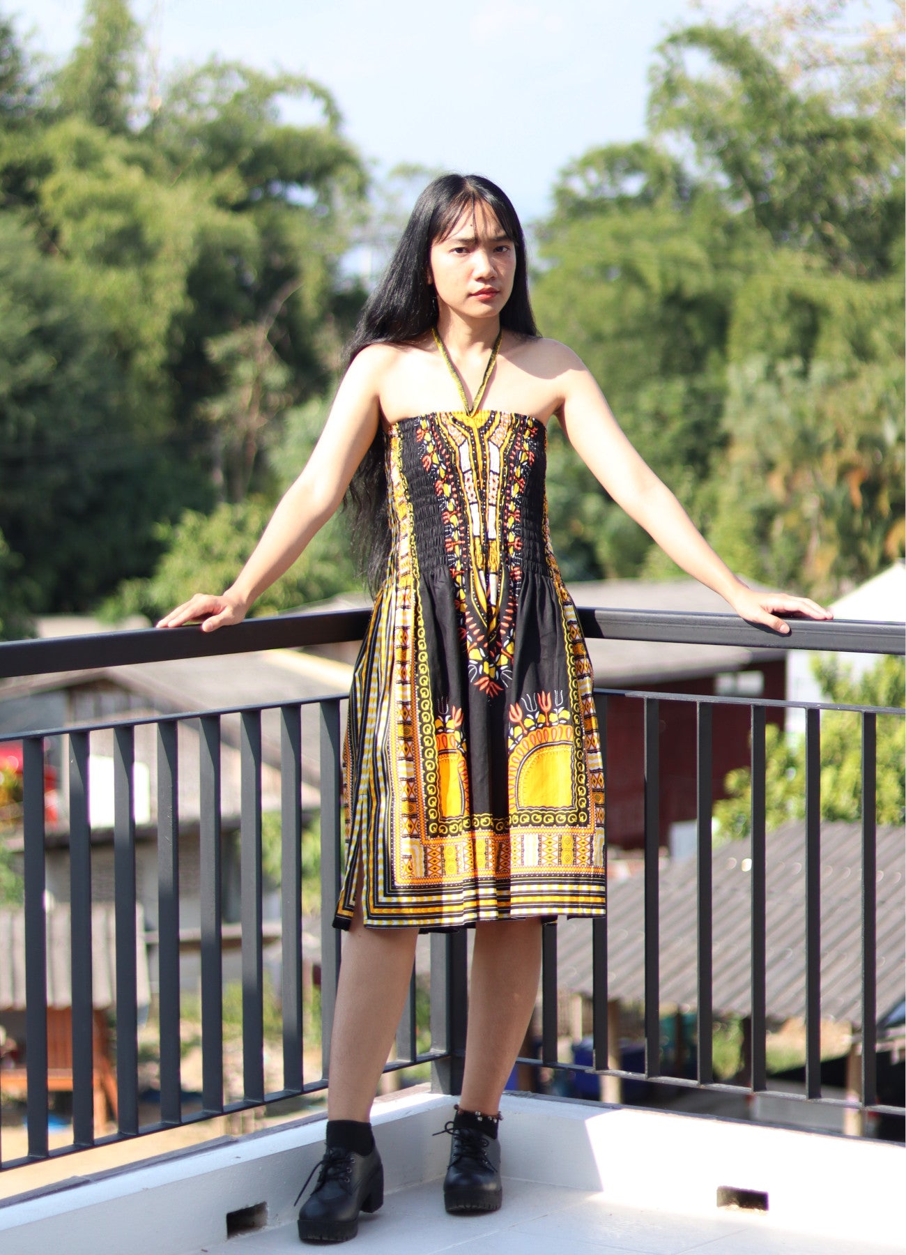 African Dashiki Dress - Open Shoulder Halter Strap