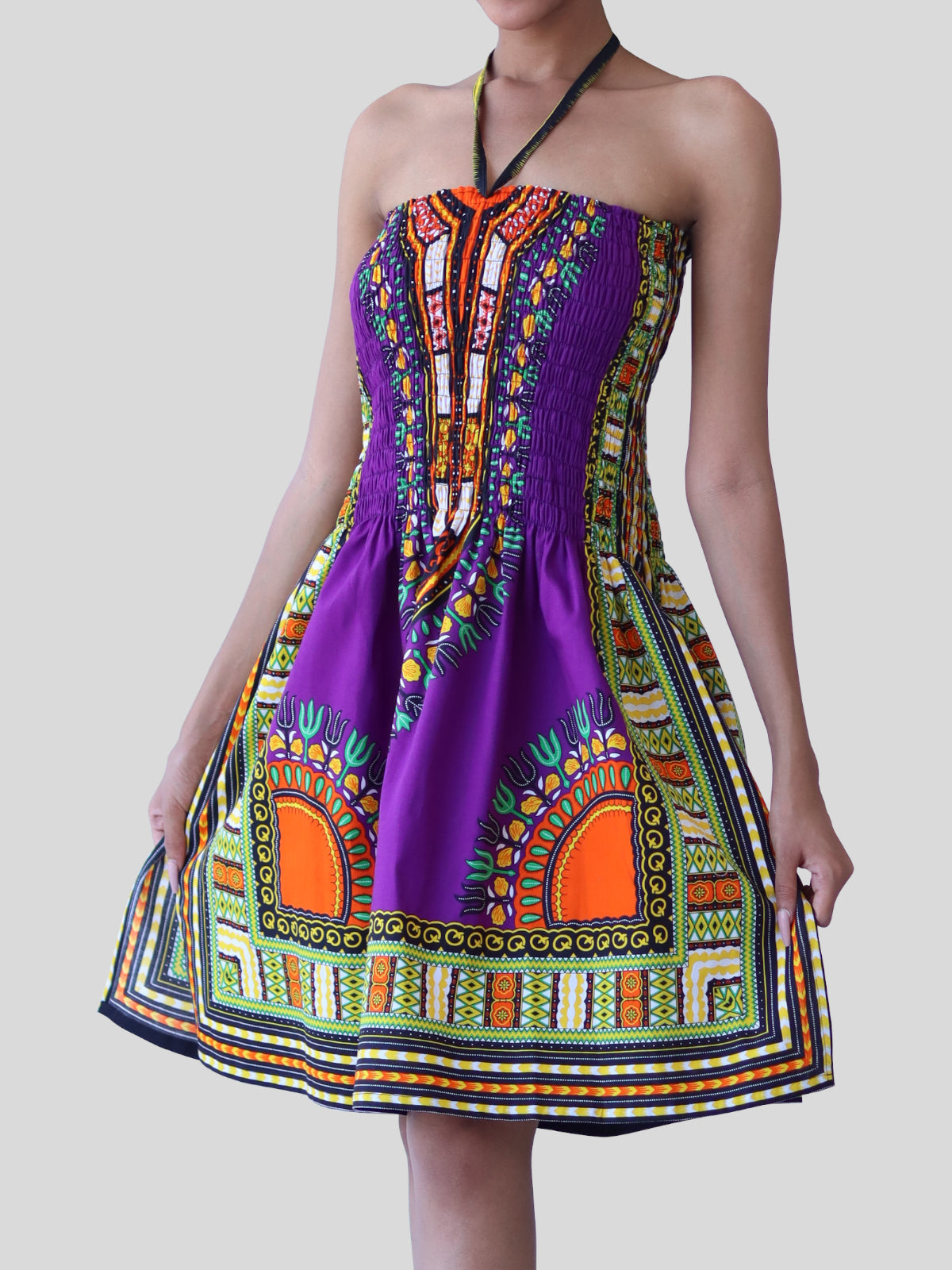 African Dashiki Dress - Open Shoulder Halter Strap