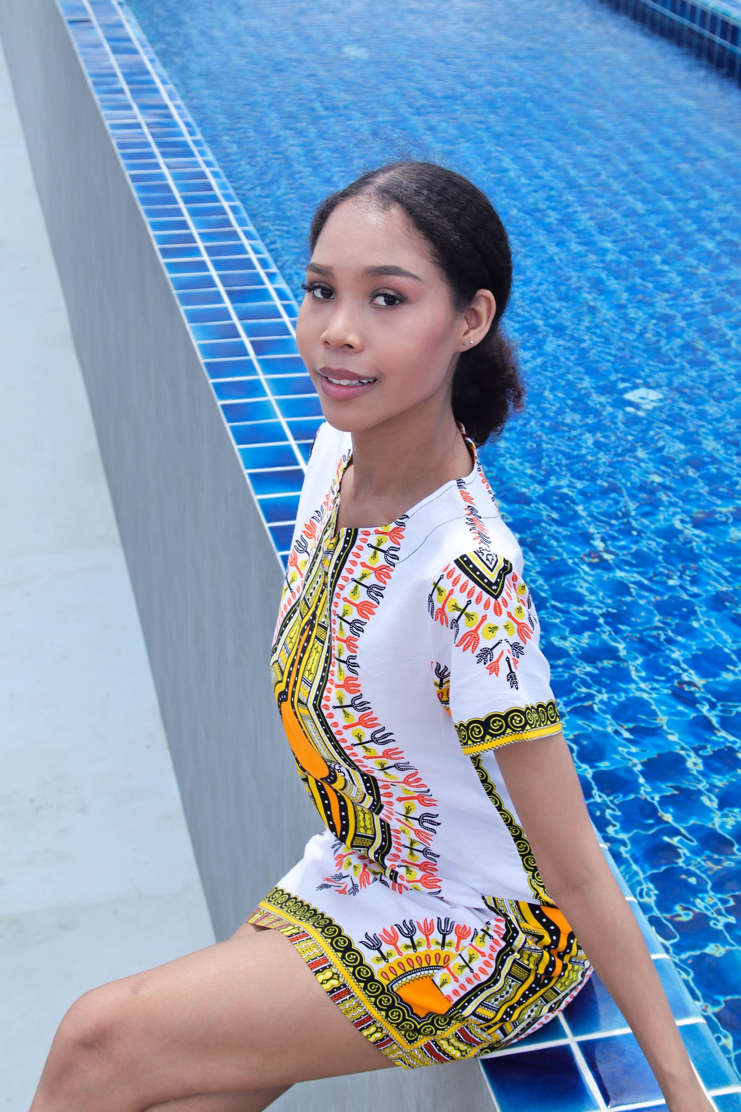 African Dashiki Mini Dress - Pocket side with Zipper Back