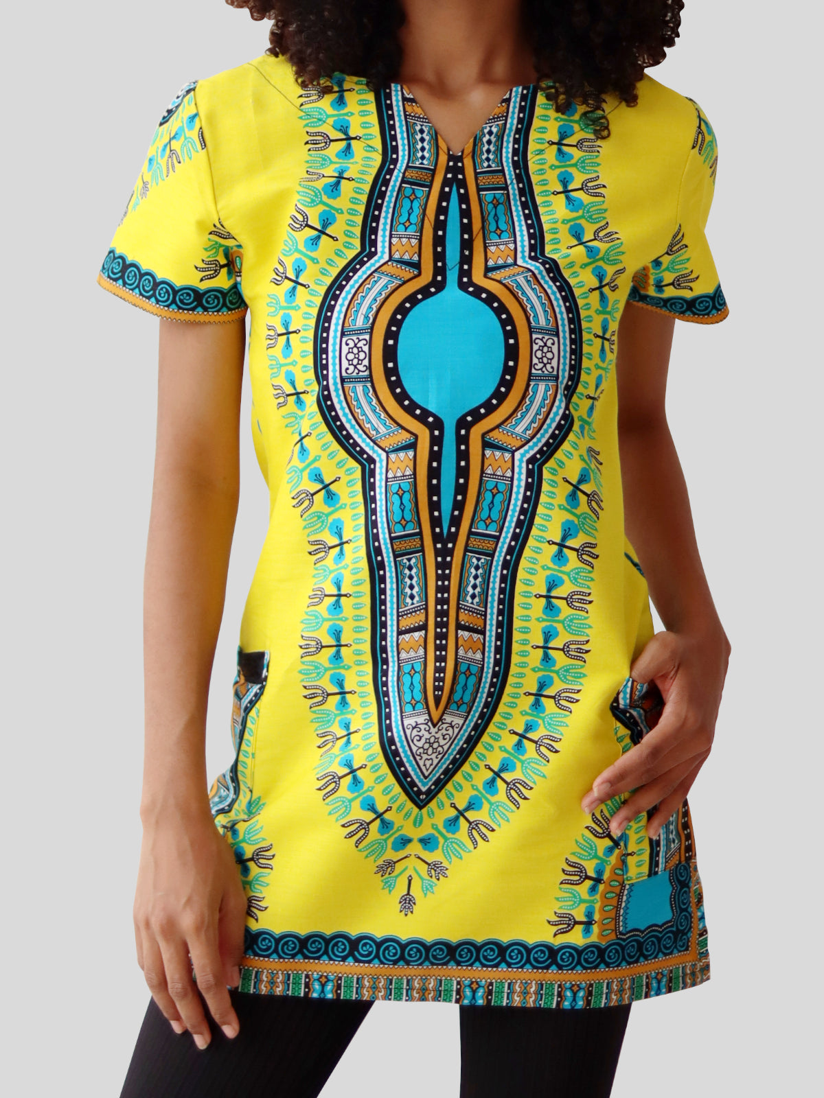 African Dashiki Mini Dress - Pocket side with Zipper Back
