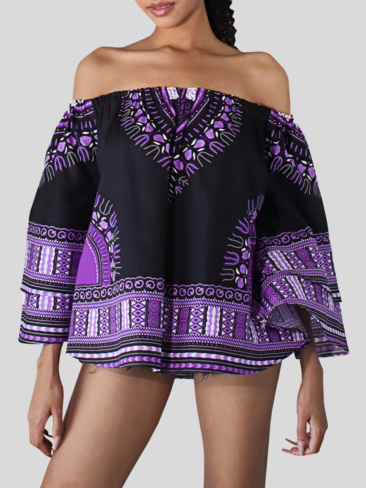 African Dashiki Womens Shirt - Off Shoulder Caftan Blouse