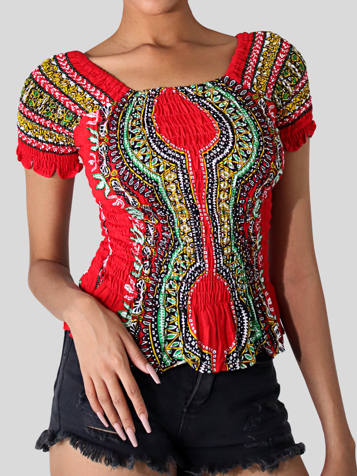 African Dashiki Womens Shirt - Smock Waist Babydoll Short Sleeves