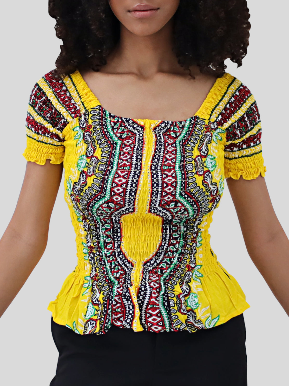 African Dashiki Womens Shirt - Smock Waist Babydoll Short Sleeves