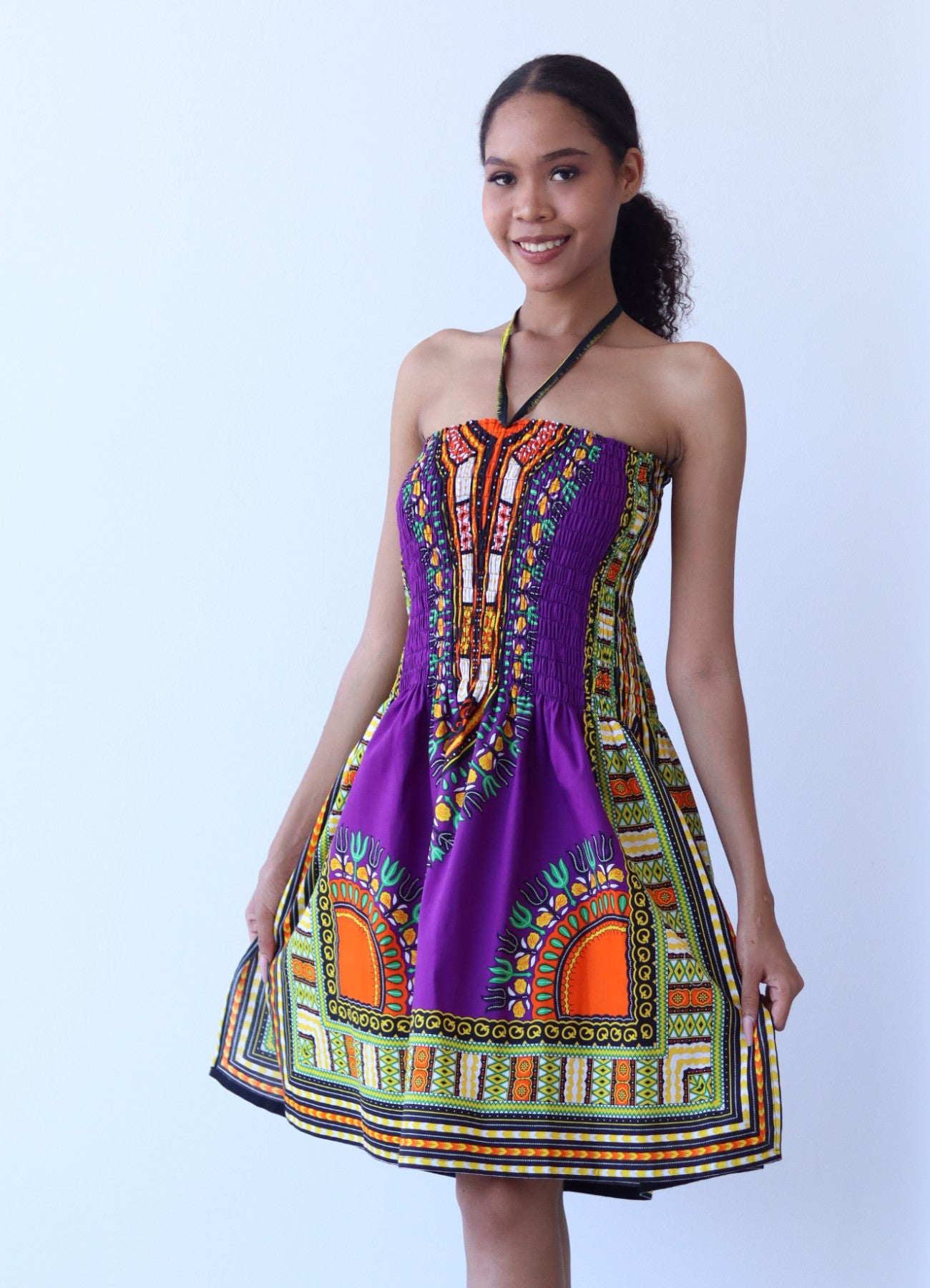 African Dashiki Dress - Open Shoulder Halter Strap