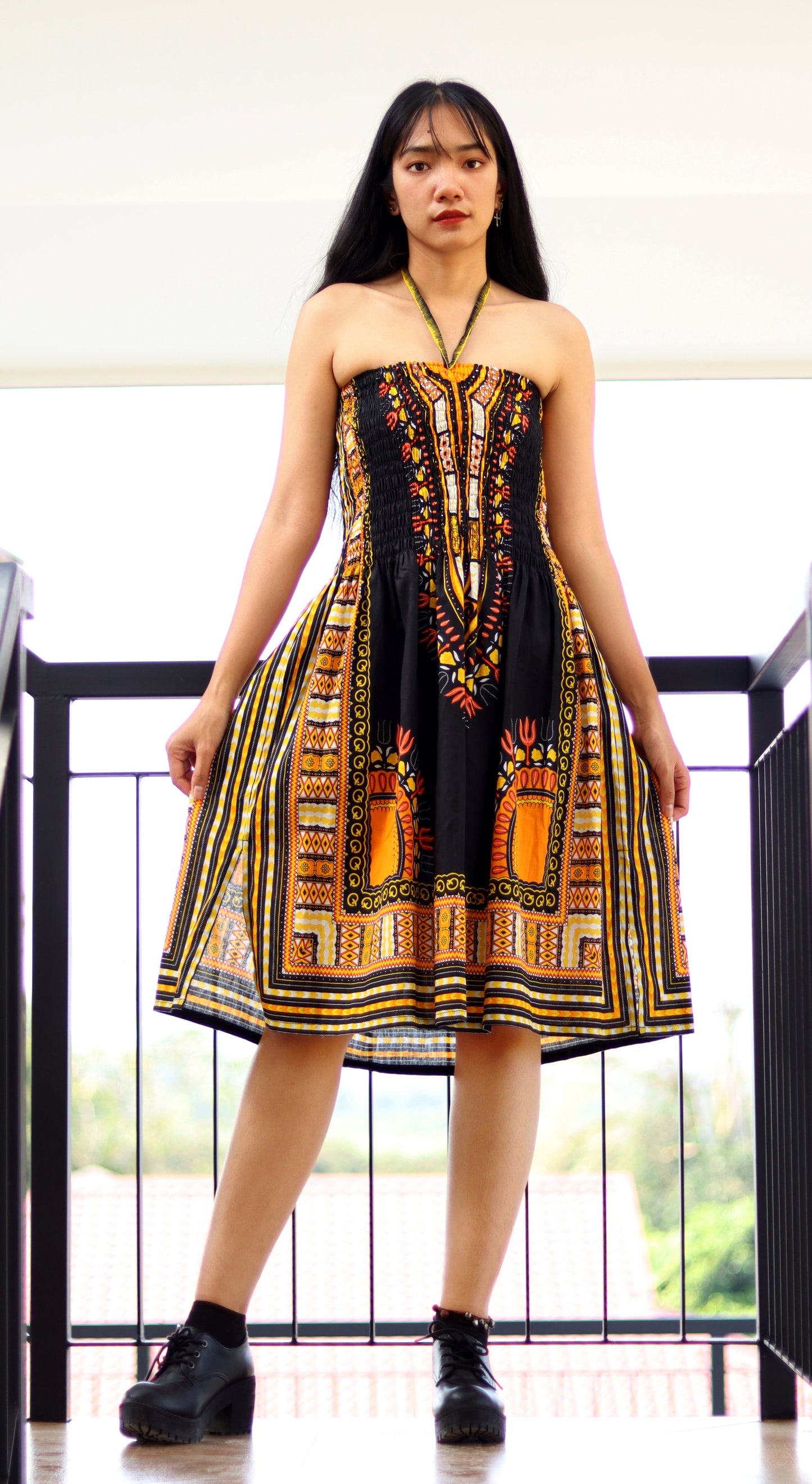 African Dashiki Dress - Open Shoulder Halter Strap