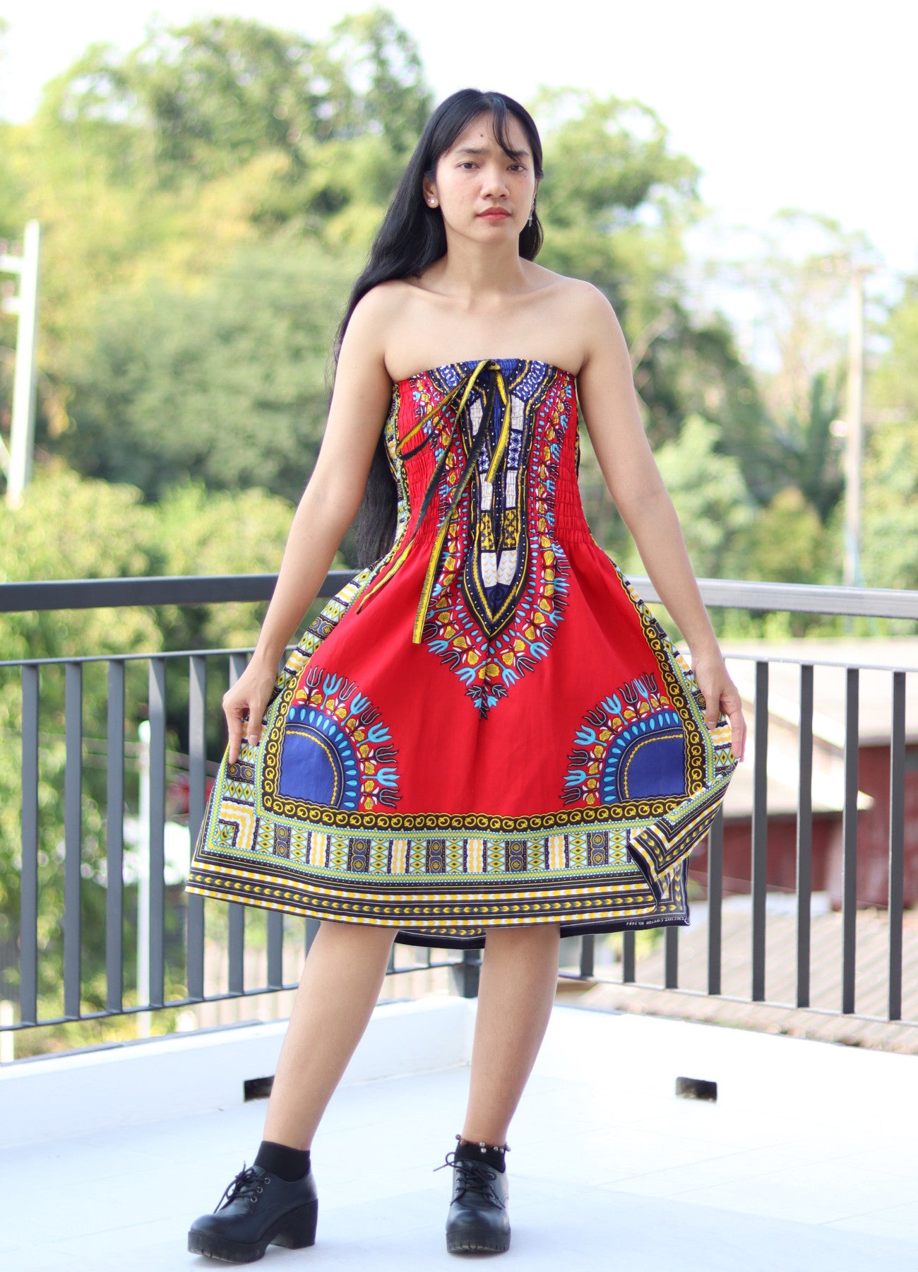 African Dashiki Dress - Open Shoulder Halter Strap