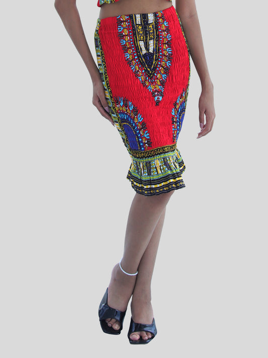 Ladies Dashiki Tight Form Fitting Pencil Skirt Smocked Pull In Frilled Pattern