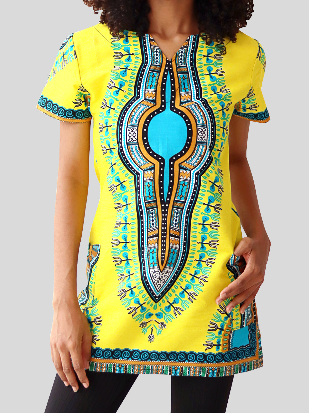 Fitted African Dashiki Frock Side Pocket with Zipper Back 70s Cotton Dress