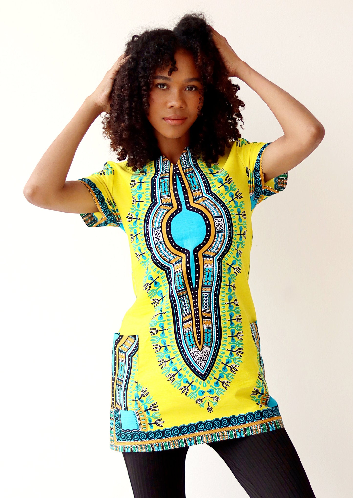 Fitted African Dashiki Frock Side Pocket with Zipper Back 70s Cotton Dress