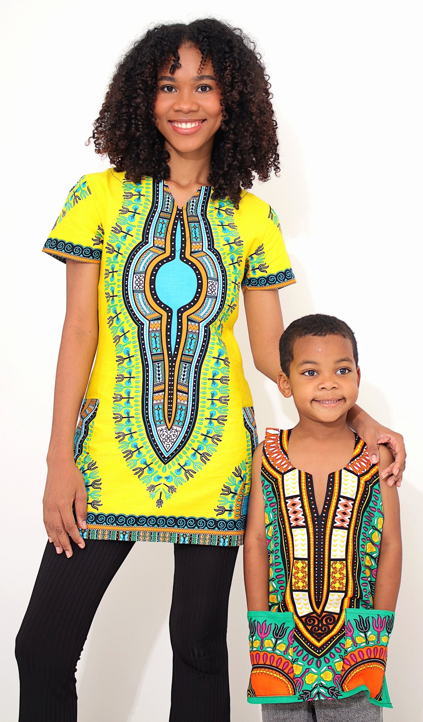 Fitted African Dashiki Frock Side Pocket with Zipper Back 70s Cotton Dress