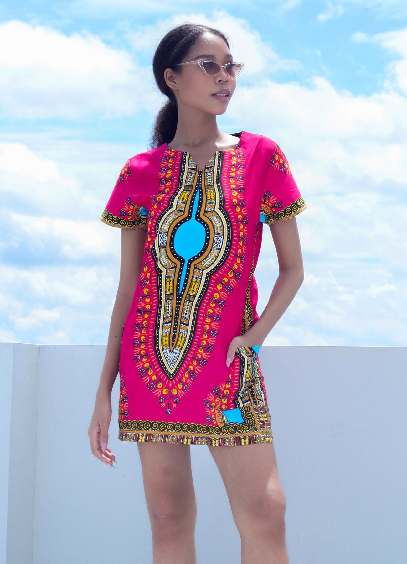 Fitted African Dashiki Frock Side Pocket with Zipper Back 70s Cotton Dress