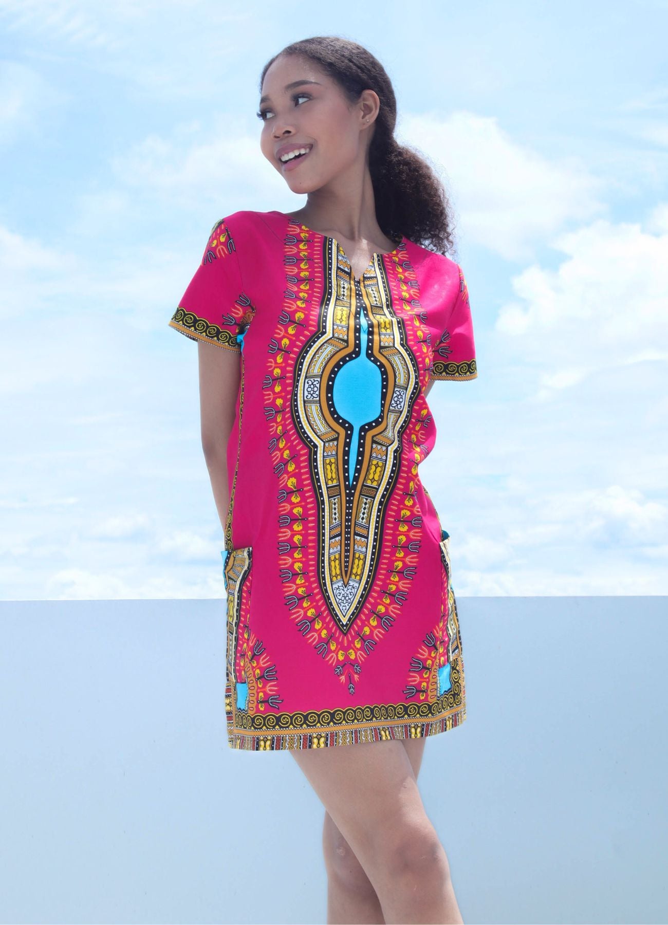 Fitted African Dashiki Frock Side Pocket with Zipper Back 70s Cotton Dress