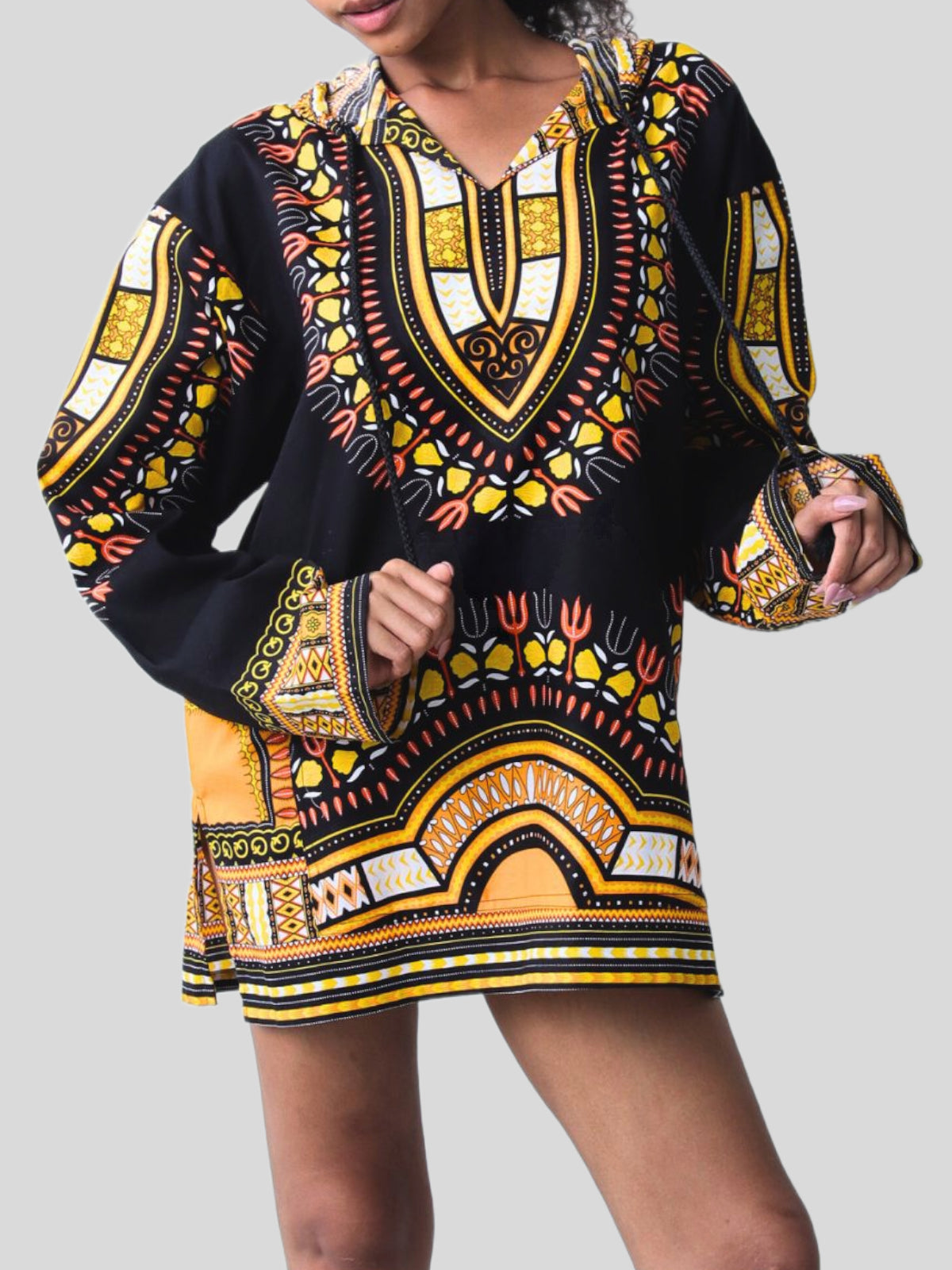African Dashiki Long Sleeve Pull String Hoodie Light Cotton Shirt