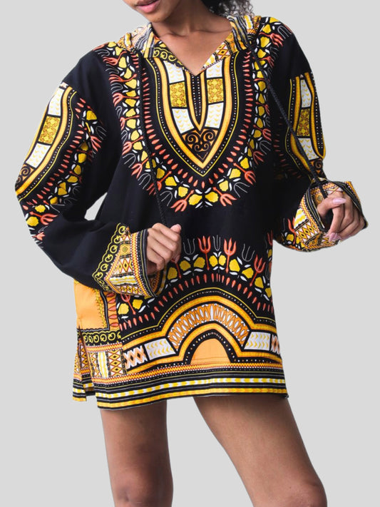 African Dashiki Long Sleeve Pull String Hoodie Light Cotton Shirt
