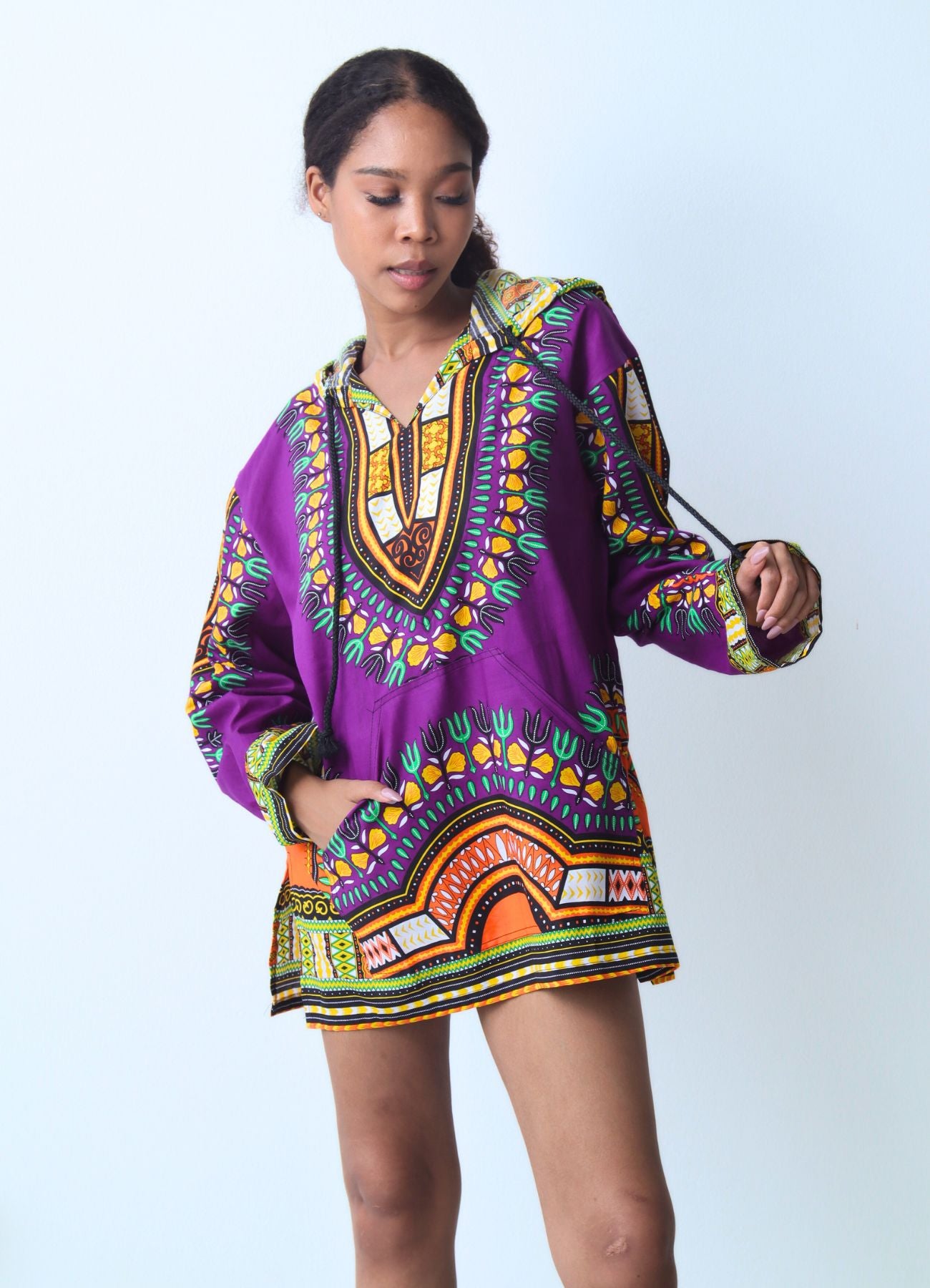 African Dashiki Long Sleeve Pull String Hoodie Light Cotton Shirt