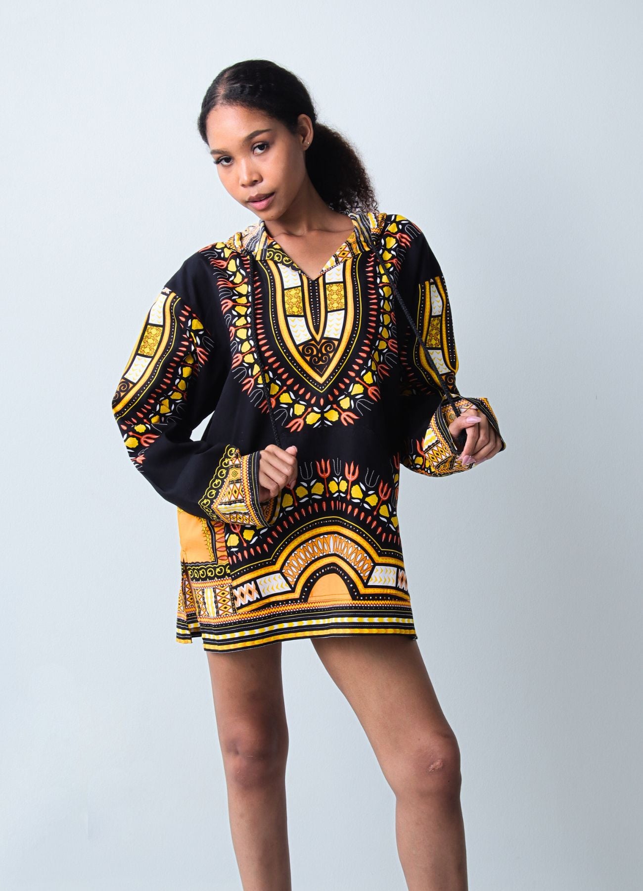 African Dashiki Long Sleeve Pull String Hoodie Light Cotton Shirt