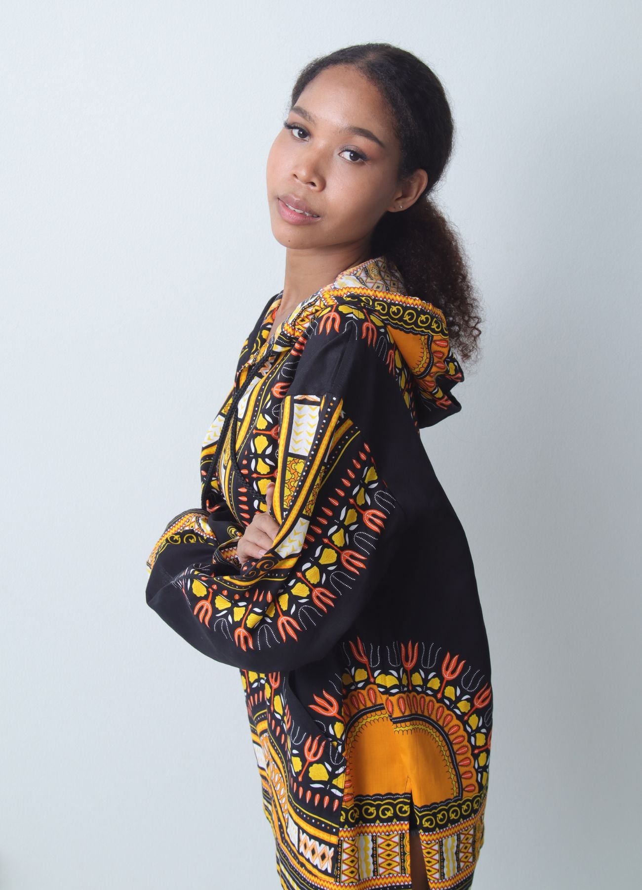 African Dashiki Long Sleeve Pull String Hoodie Light Cotton Shirt
