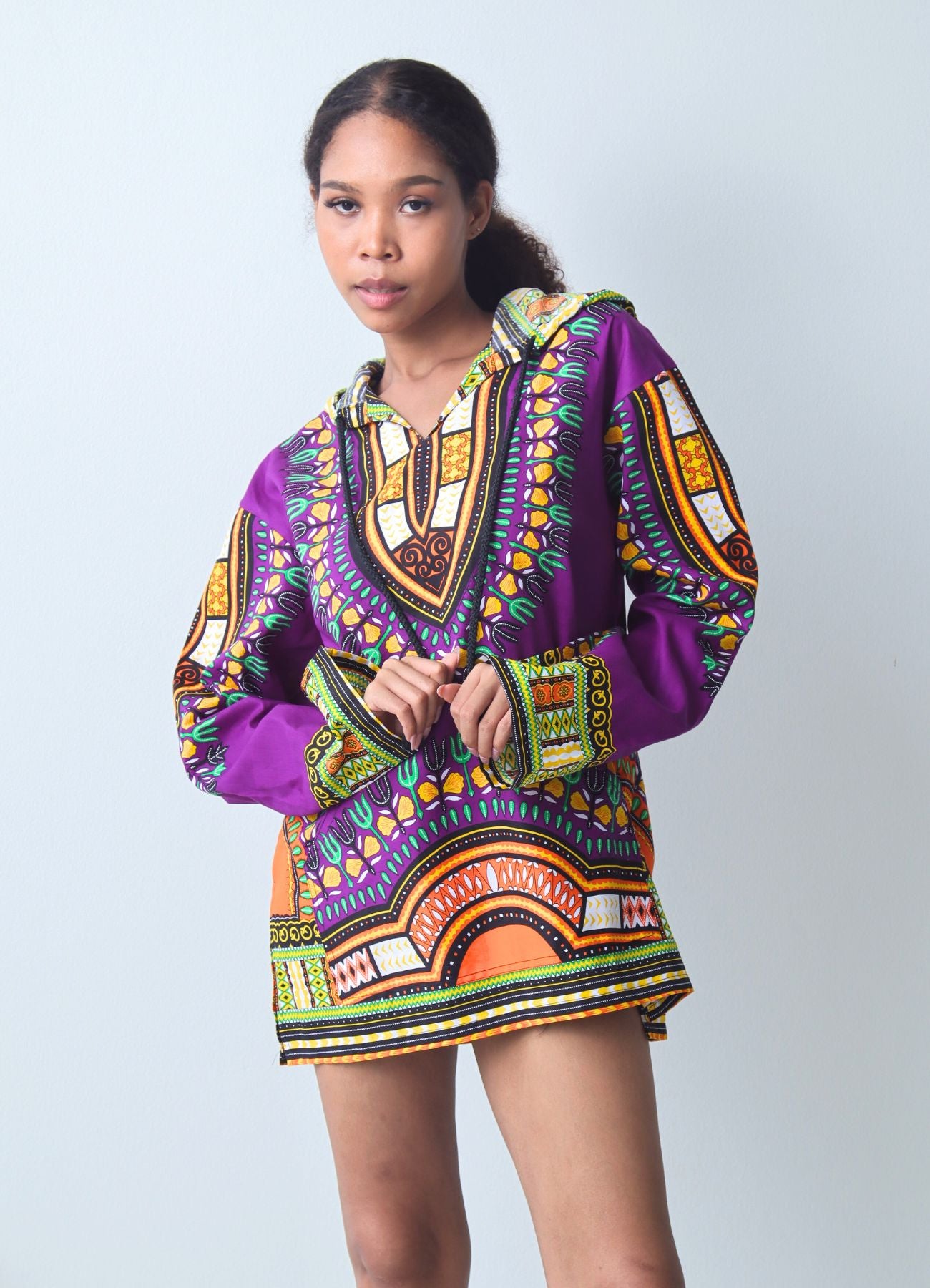 African Dashiki Long Sleeve Pull String Hoodie Light Cotton Shirt