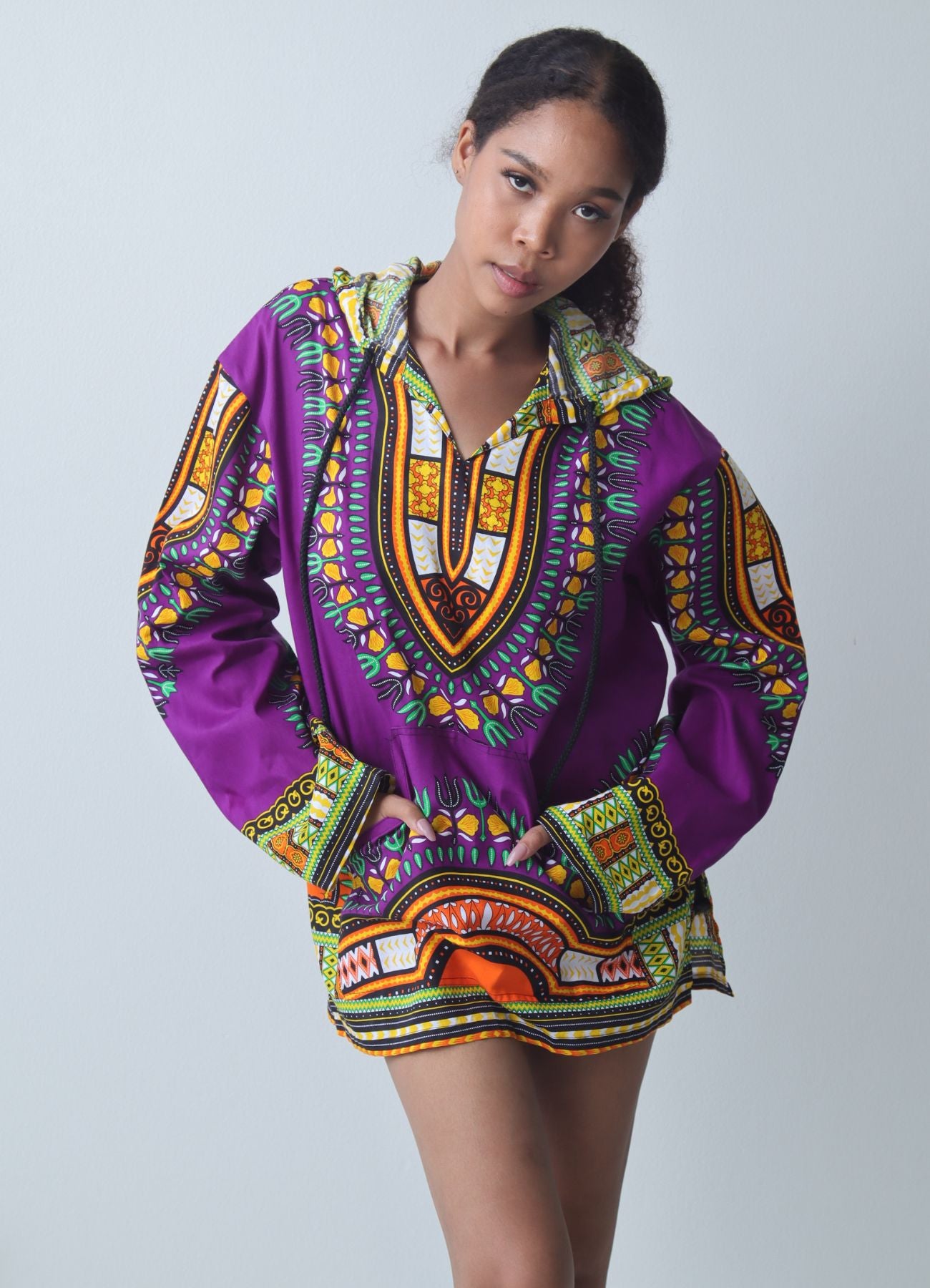 African Dashiki Long Sleeve Pull String Hoodie Light Cotton Shirt