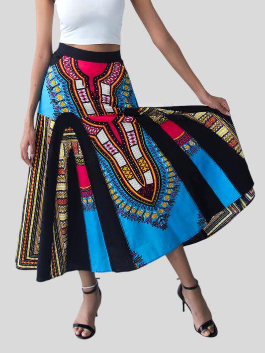 Coloured African Dashiki Elastic Waist Long Flowing Skirt