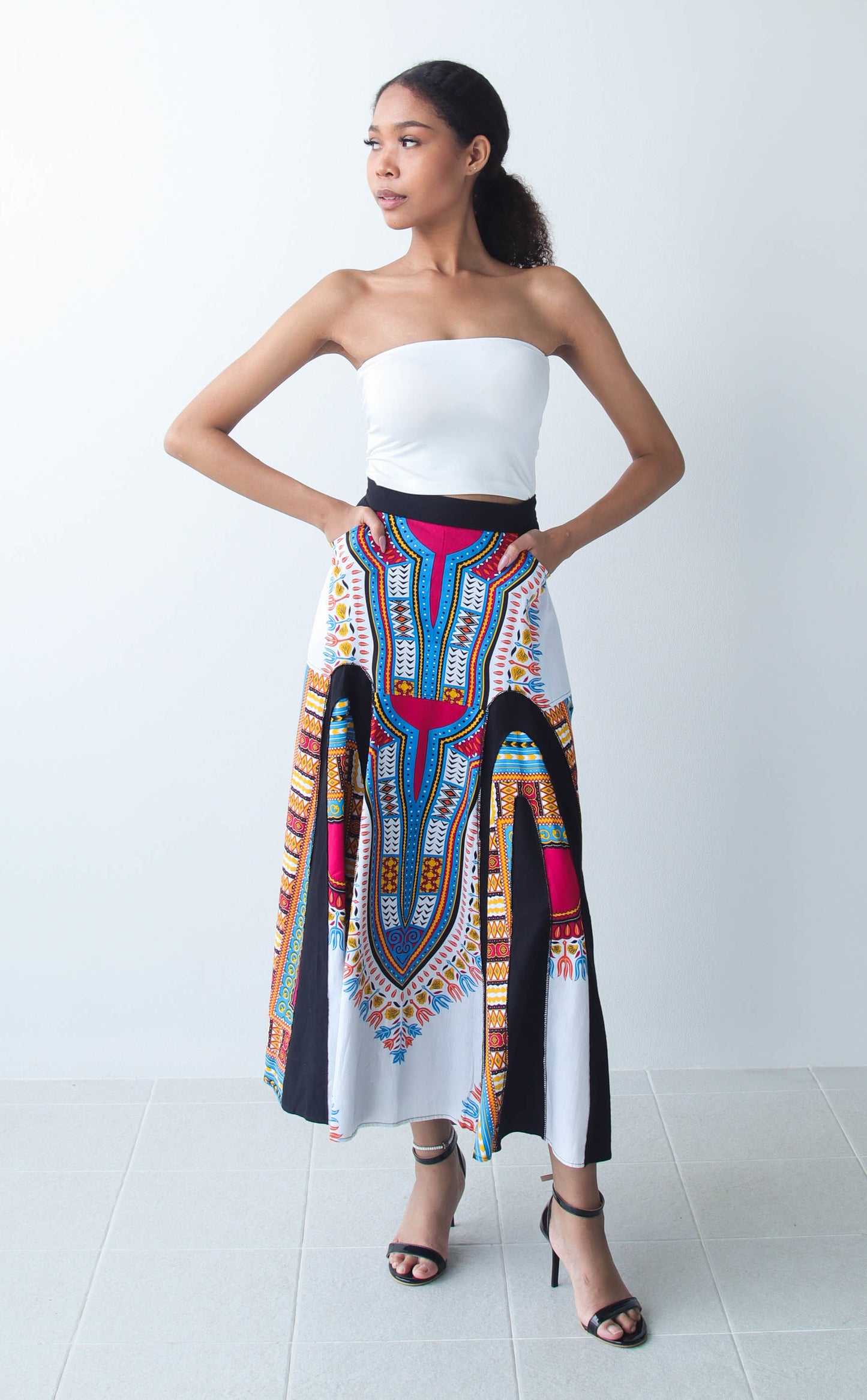 Coloured African Dashiki Elastic Waist Long Flowing Skirt
