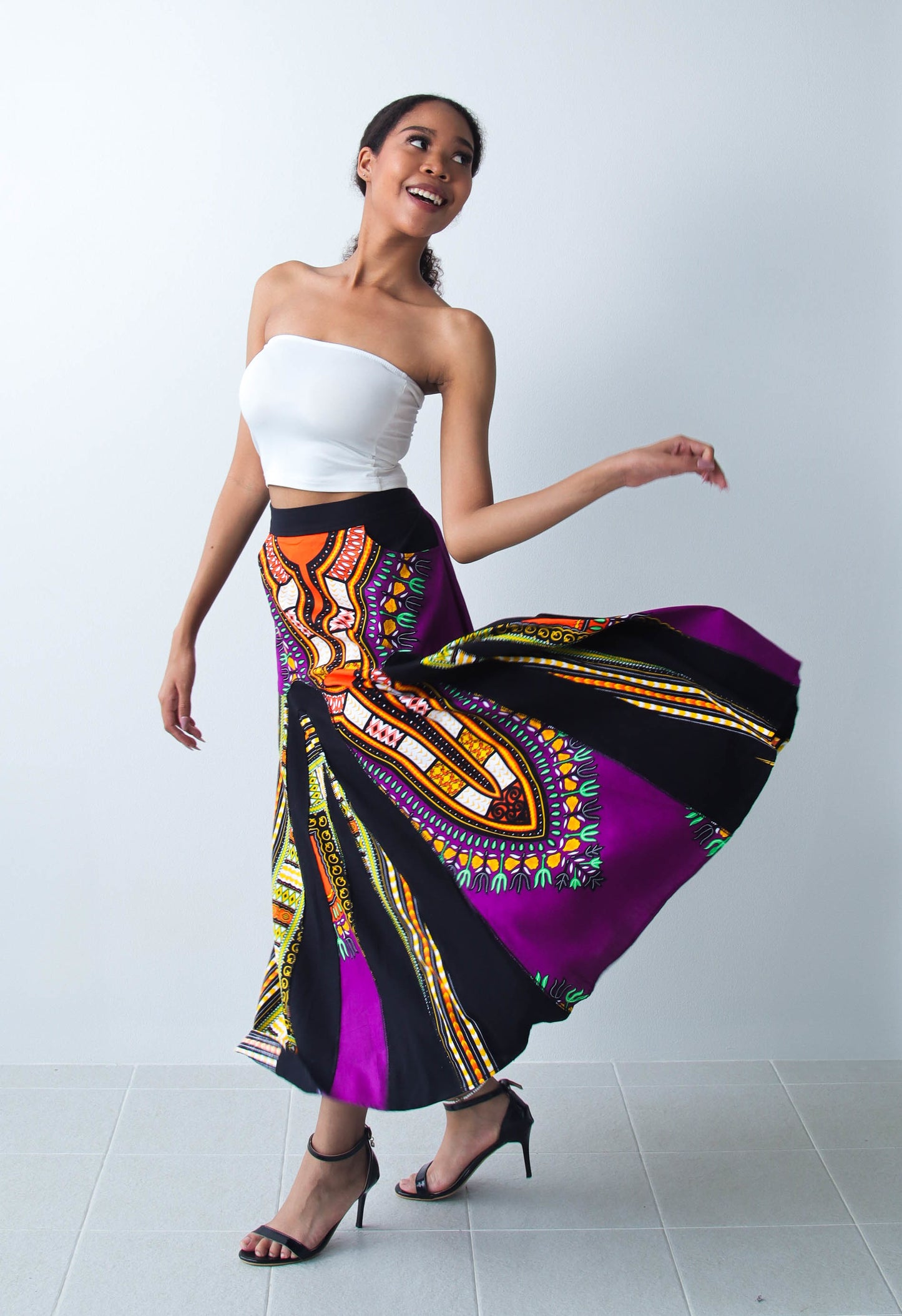 Coloured African Dashiki Elastic Waist Long Flowing Skirt