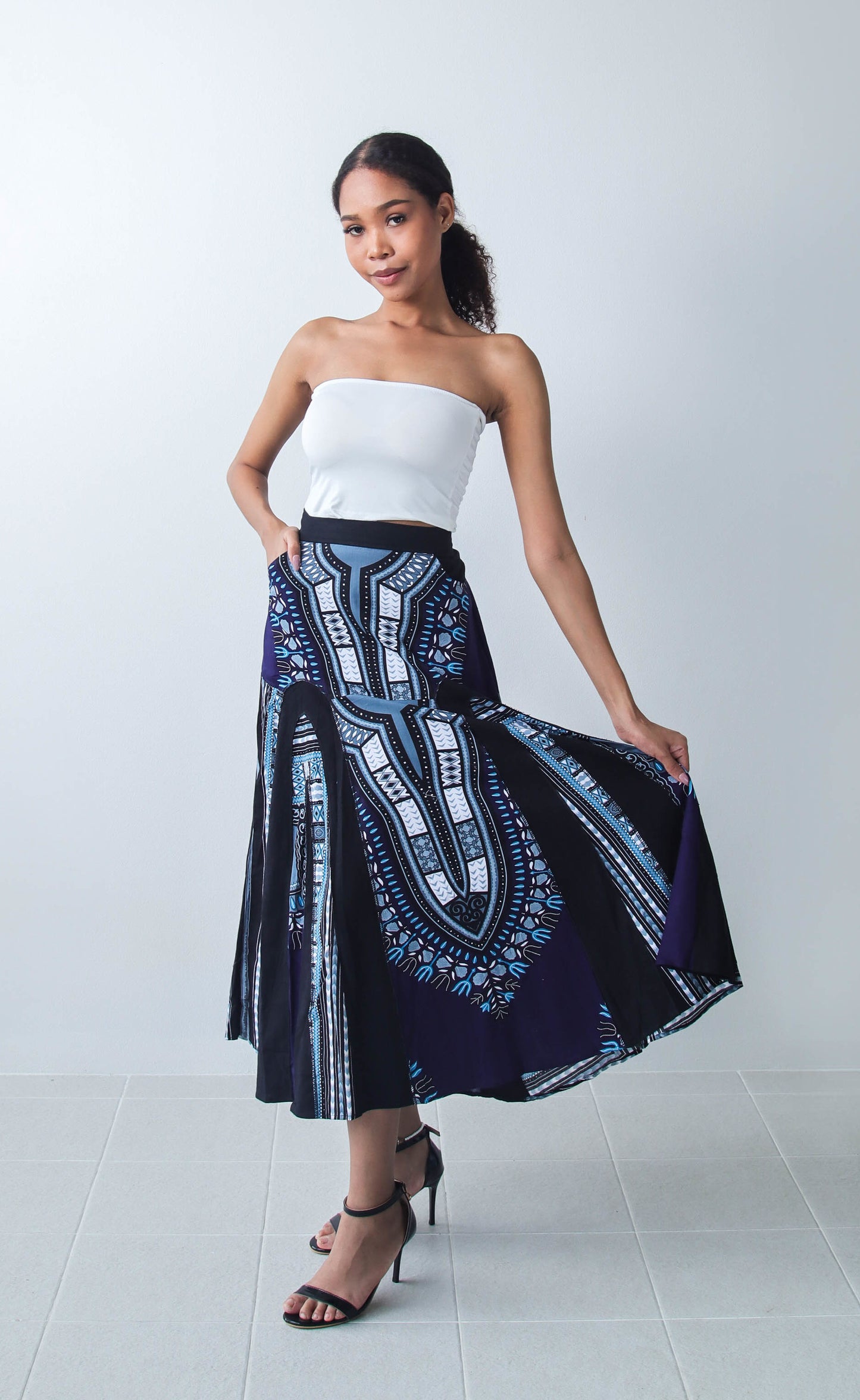 Coloured African Dashiki Elastic Waist Long Flowing Skirt