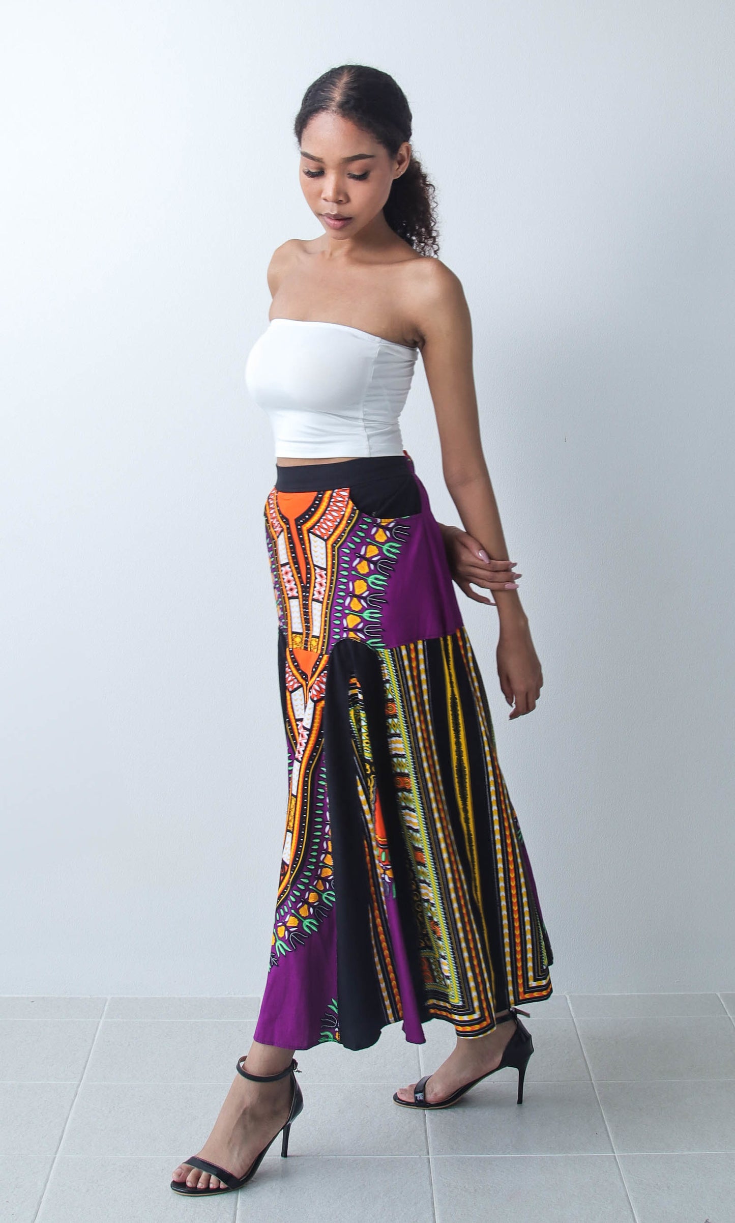 Coloured African Dashiki Elastic Waist Long Flowing Skirt