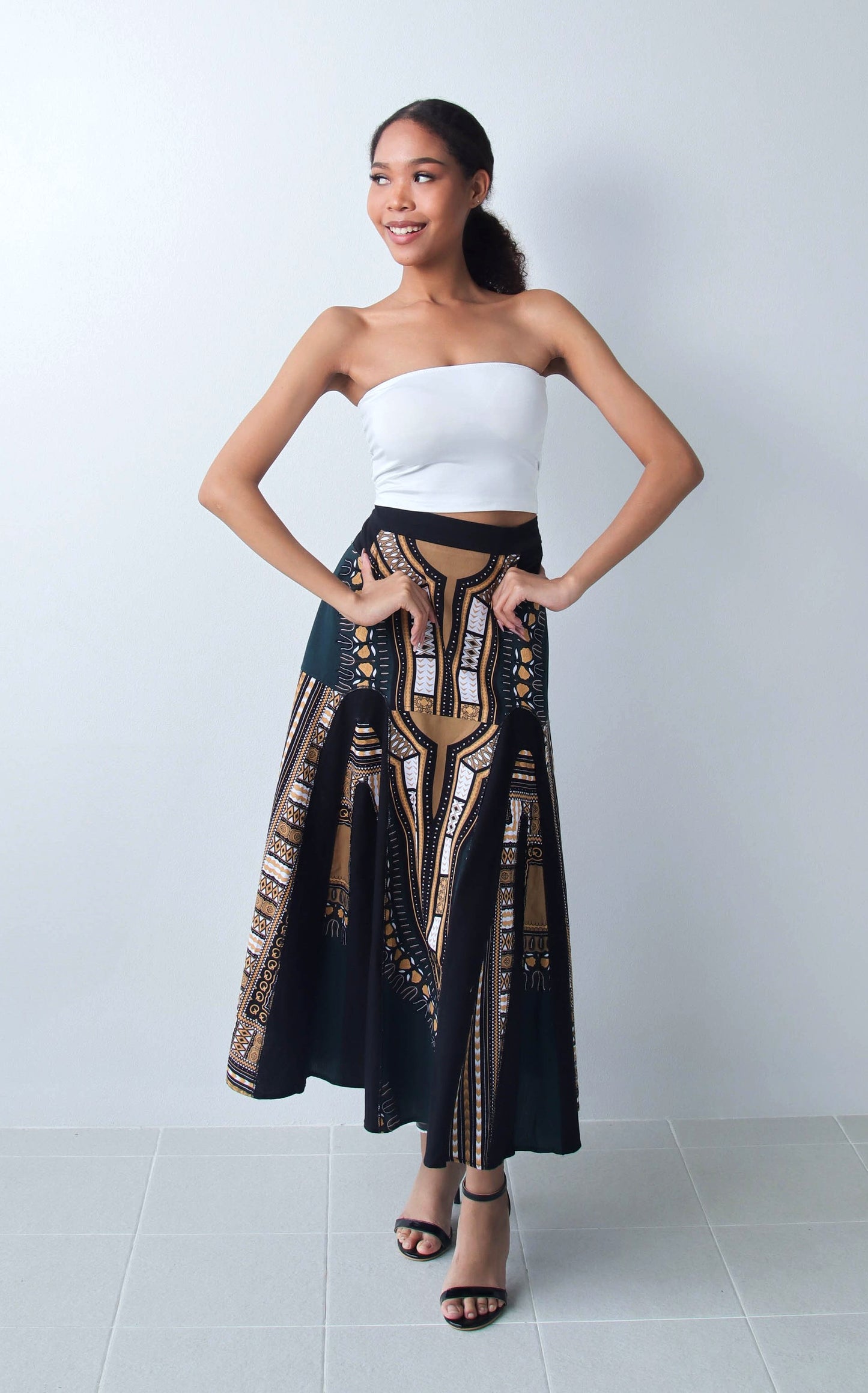 Coloured African Dashiki Elastic Waist Long Flowing Skirt