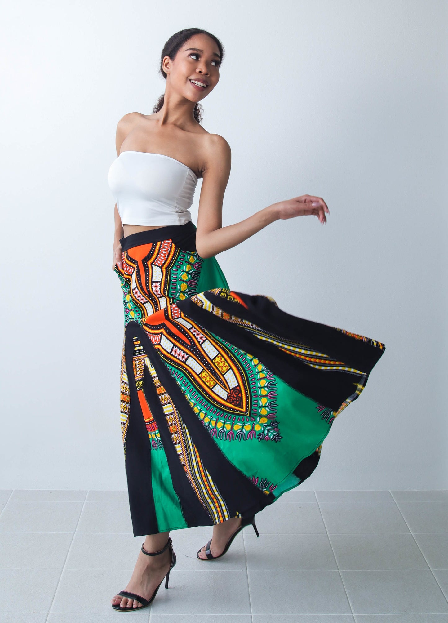 Coloured African Dashiki Elastic Waist Long Flowing Skirt