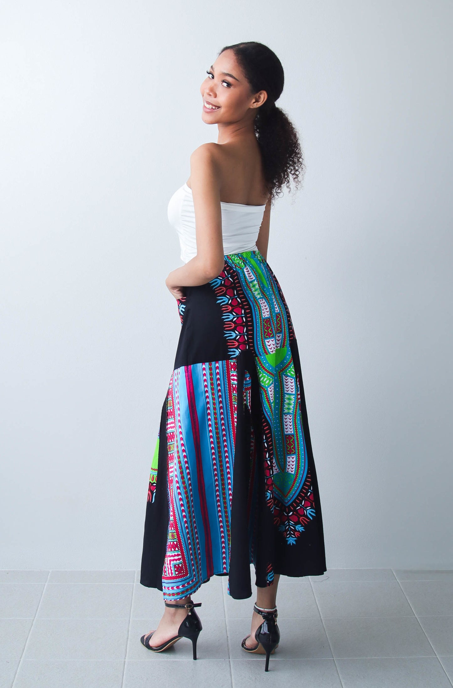Coloured African Dashiki Elastic Waist Long Flowing Skirt