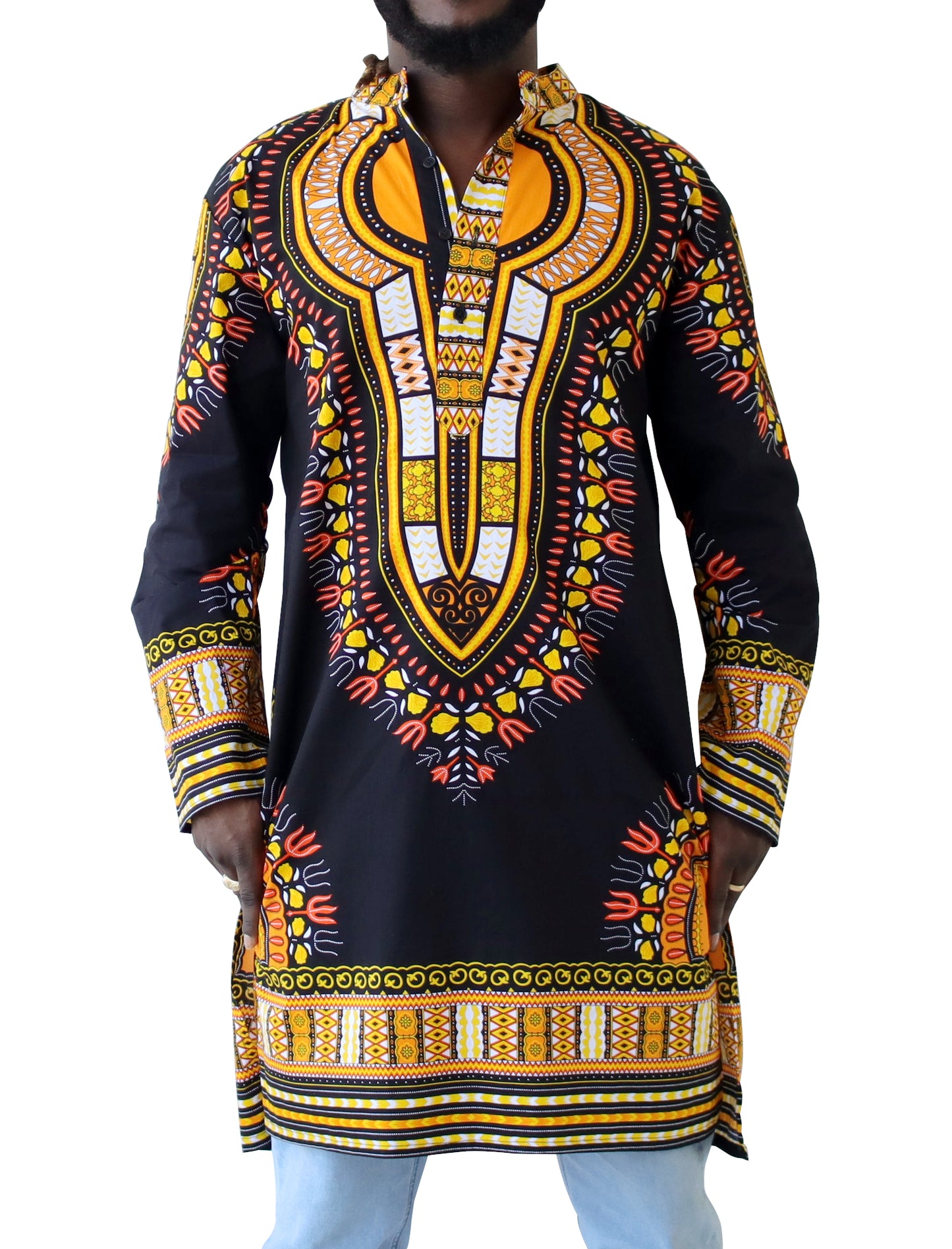 Formal Kurta Long Sleeve Stand Up Collar Button Down Kaftan Cotton Dashiki Tunic