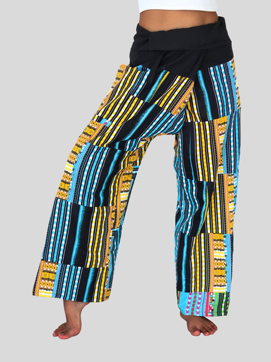 DA'IKI Cotton Patch African Black Ankara Stripe Unisex Loose Wrap Dance Pants