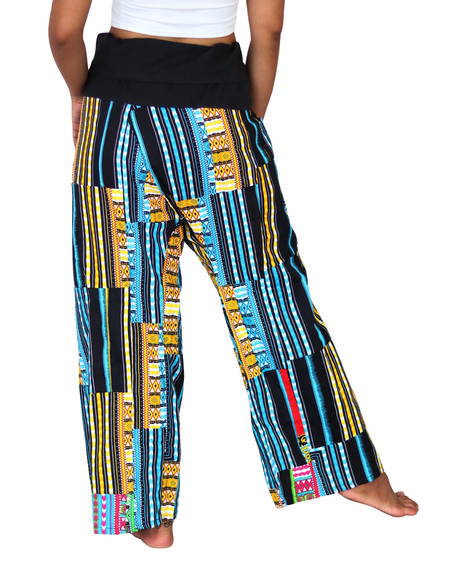 DA'IKI Cotton Patch African Black Ankara Stripe Unisex Loose Wrap Dance Pants