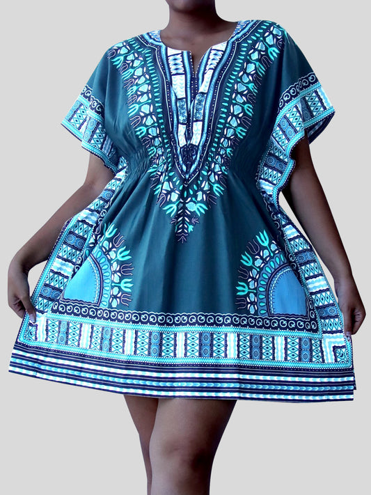 African Dashiki Ledies Shirt - Ladies Smock Empire Bust Dashiki Smock Open Collar Short Dress