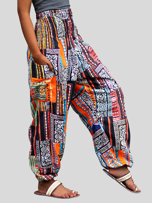 Smock Waist African Dashiki Patch Long Elastic Waist Harem Elephant Pants