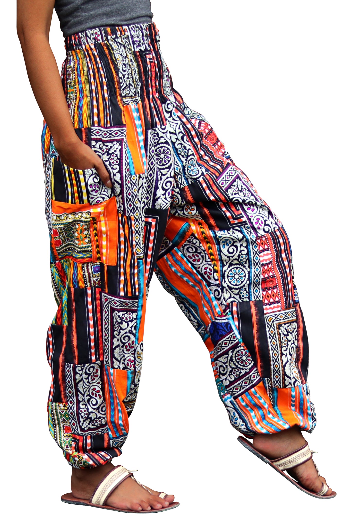 Smock Waist African Dashiki Patch Long Elastic Waist Harem Elephant Pants