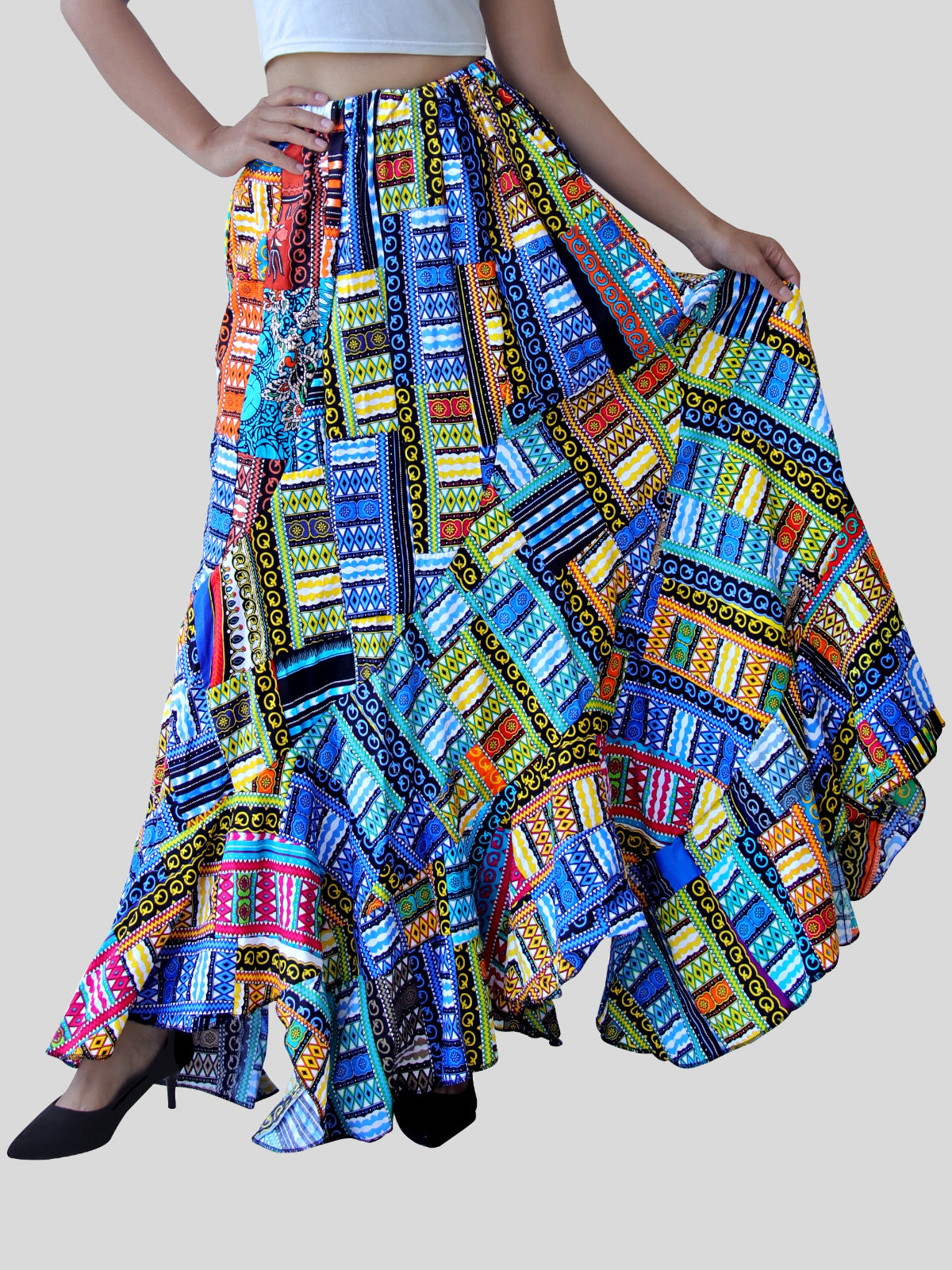 DA'IKI Wild Festival Flamenco Dancing Skirt Dashiki Patch Long with Elastic Waist