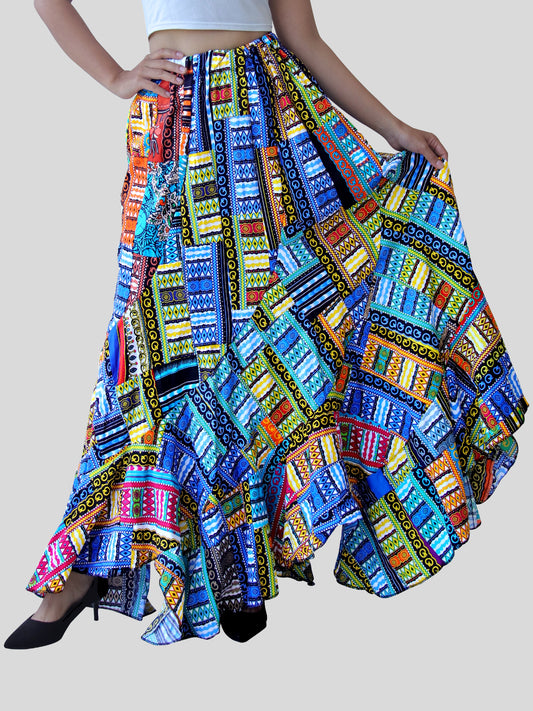 DA'IKI Wild Festival Flamenco Dancing Skirt Dashiki Patch Long with Elastic Waist