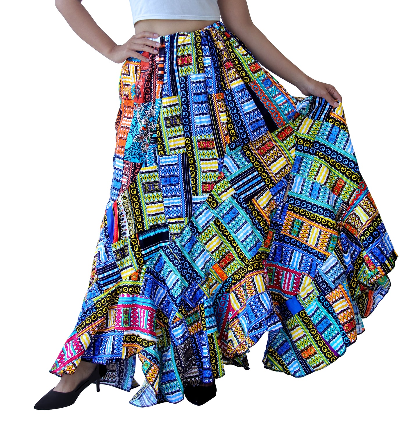 DA'IKI Wild Festival Flamenco Dancing Skirt Dashiki Patch Long with Elastic Waist