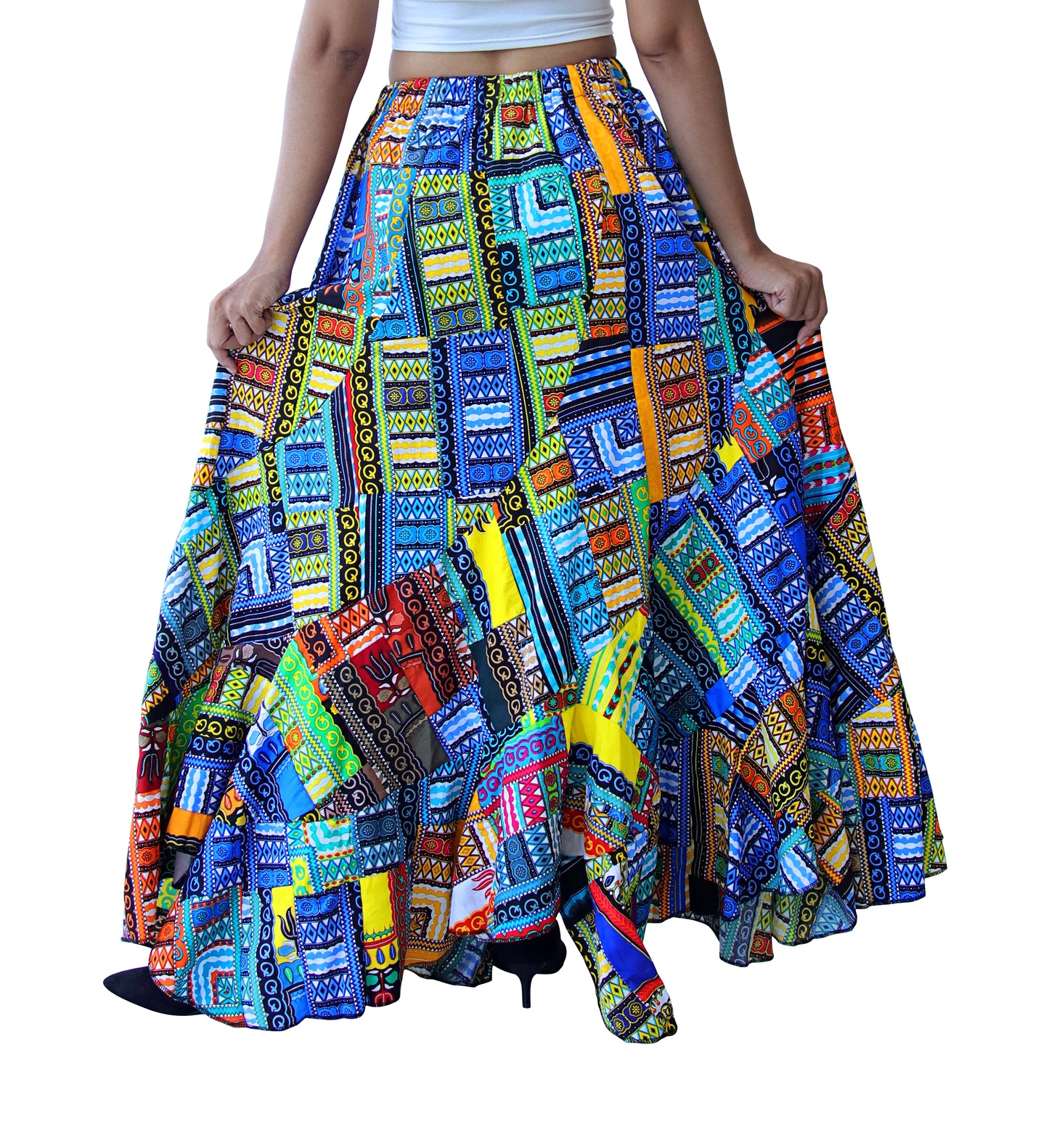 DA'IKI Wild Festival Flamenco Dancing Skirt Dashiki Patch Long with Elastic Waist