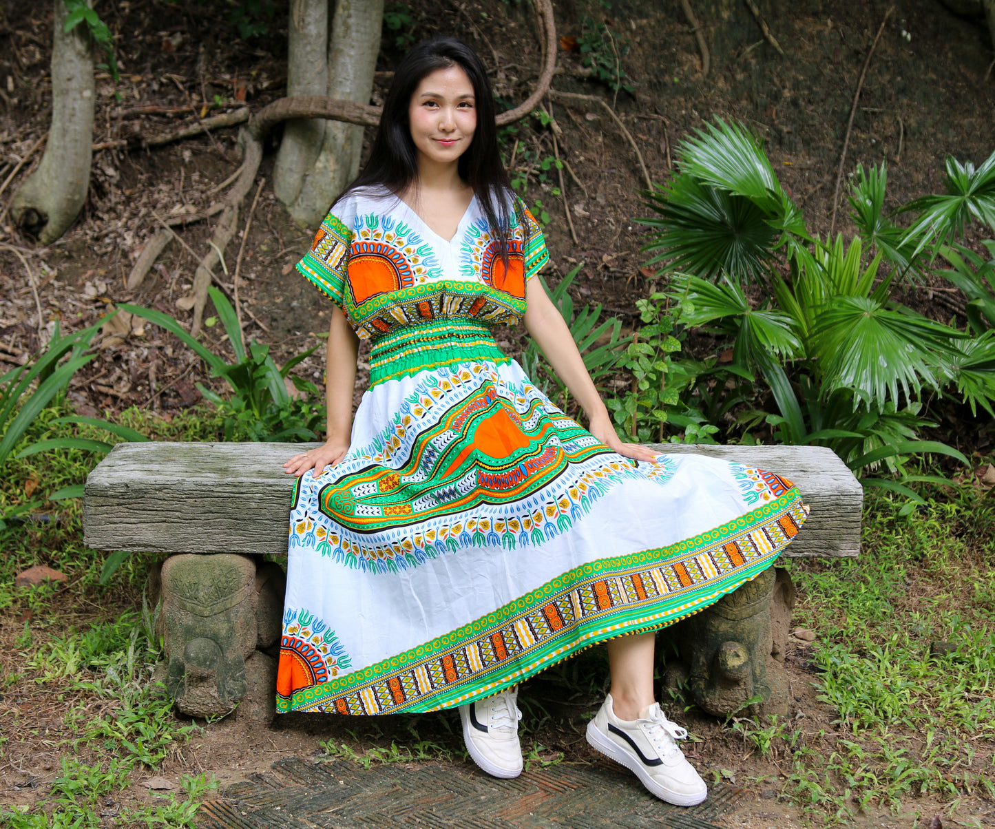 African Dashiki Dress - Round V Collar Smock Waist Colours