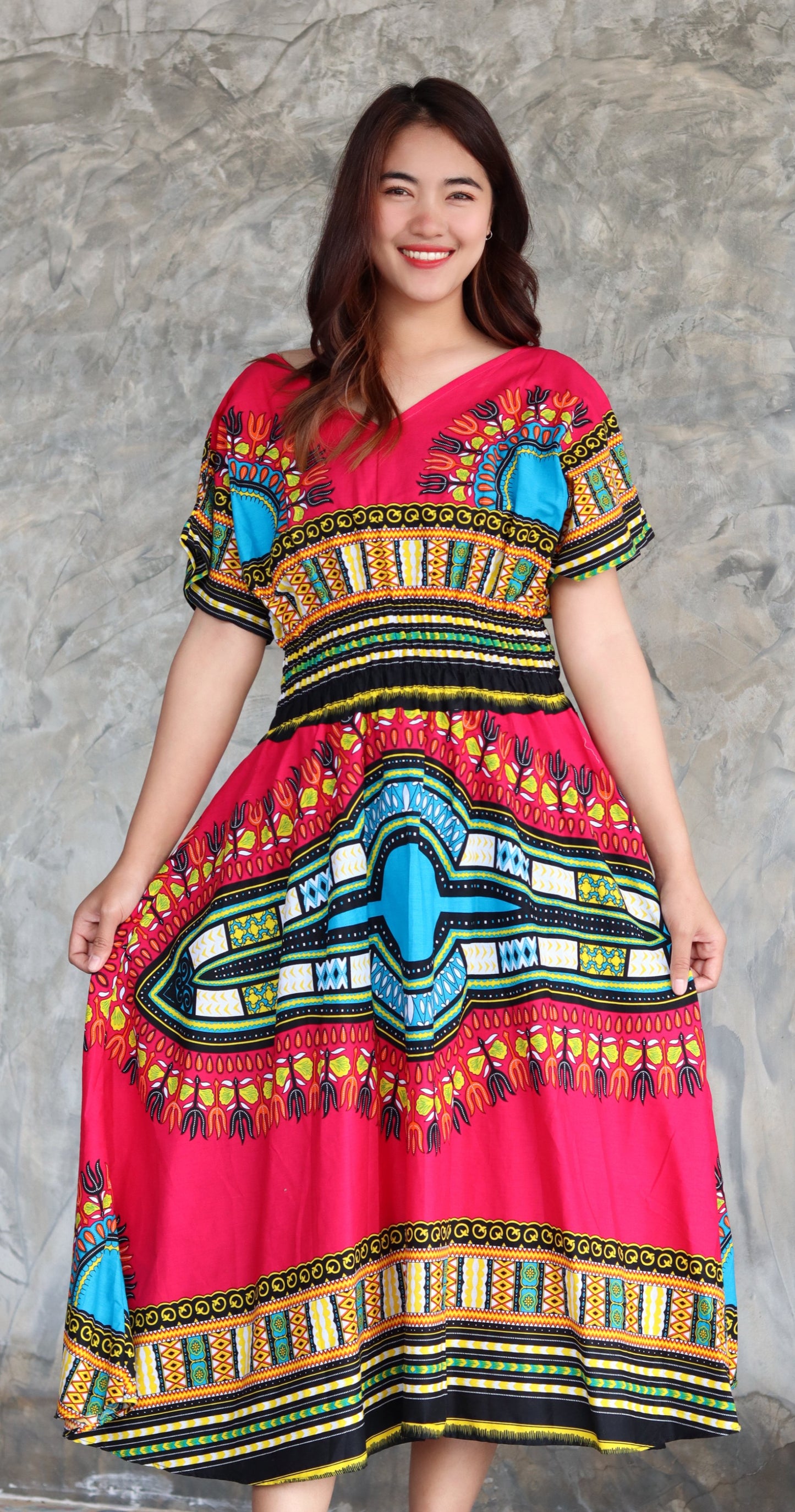 African Dashiki Dress - Round V Collar Smock Waist Colours