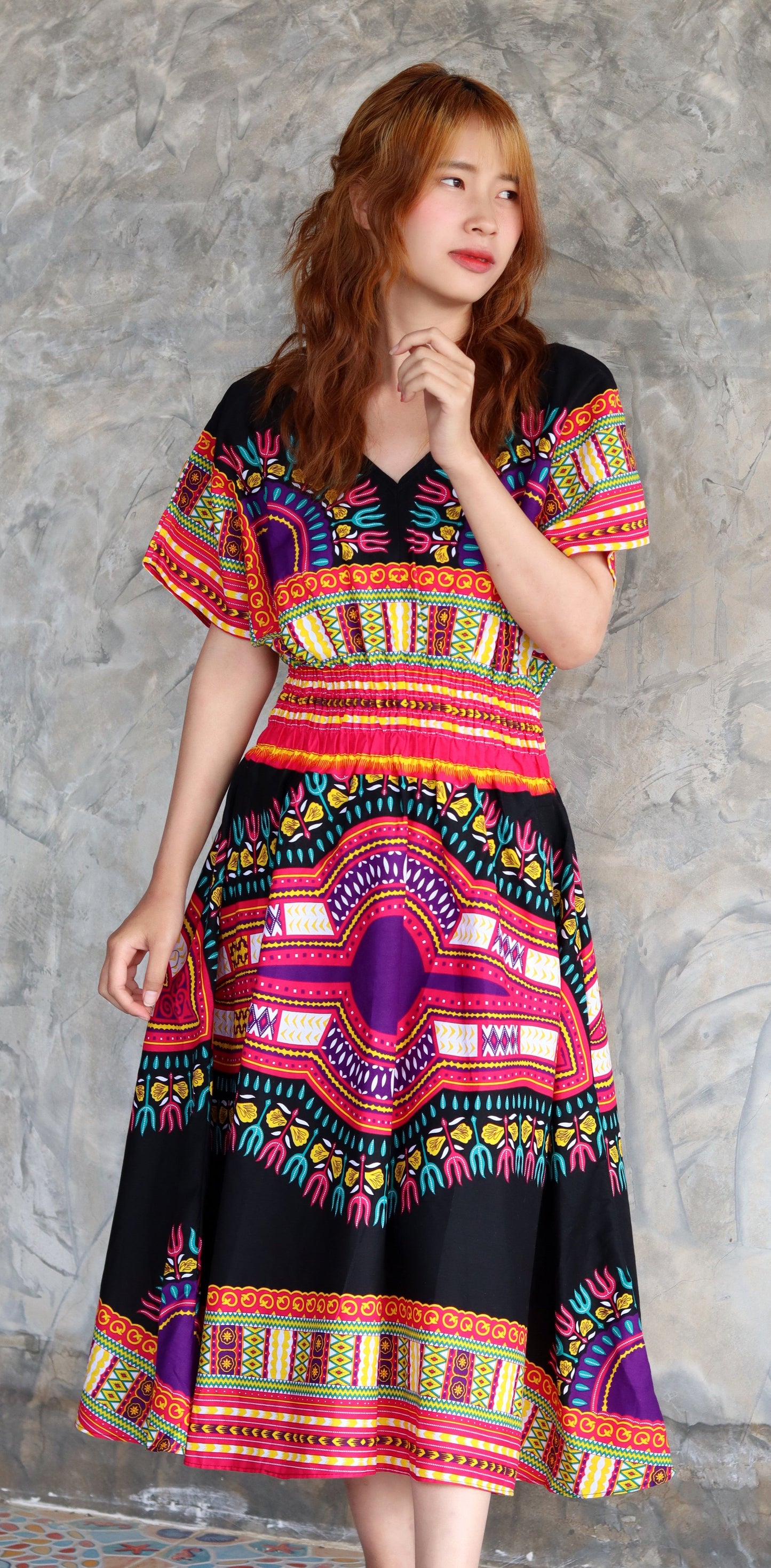 African Dashiki Dress - Round V Collar Smock Waist Colours