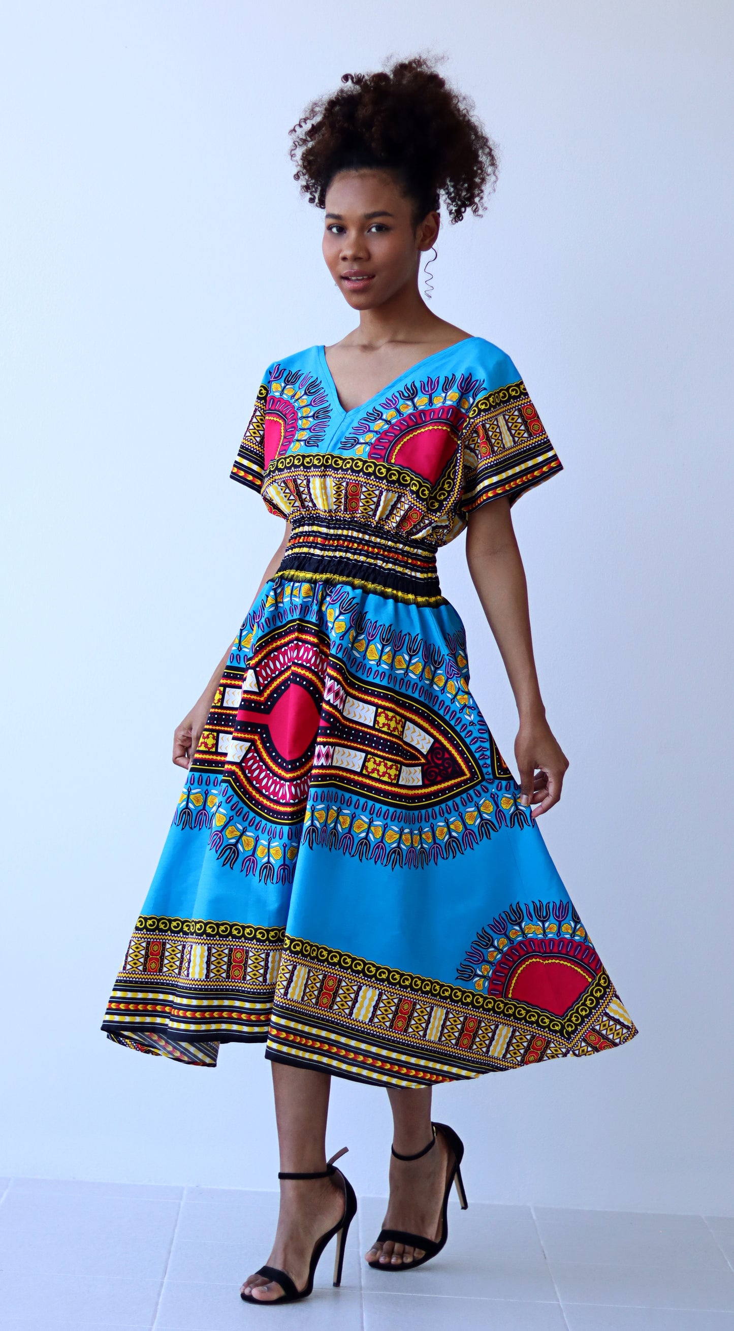 African Dashiki Dress - Round V Collar Smock Waist Colours