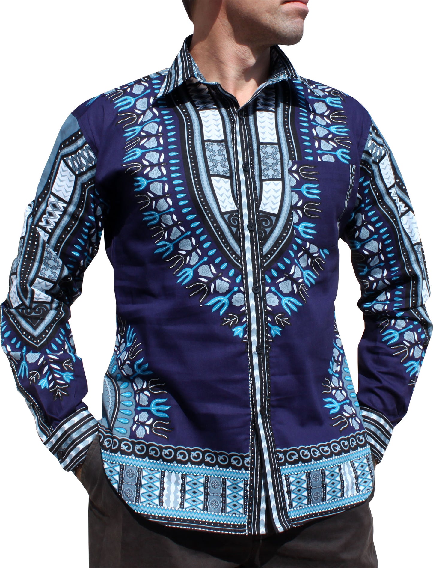 African Dashiki Long Sleeve Shirt - Euro Collar Buttons