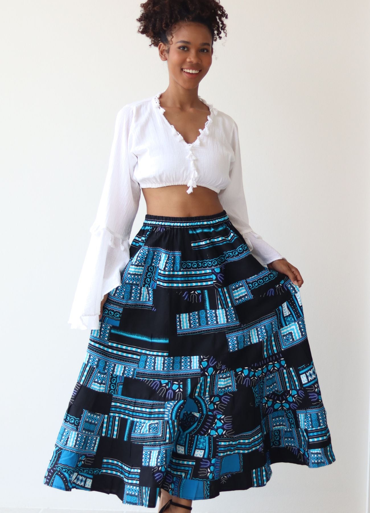 African Dashiki Skirt 14 Layer Flowing - In Bright Multi Color Patches