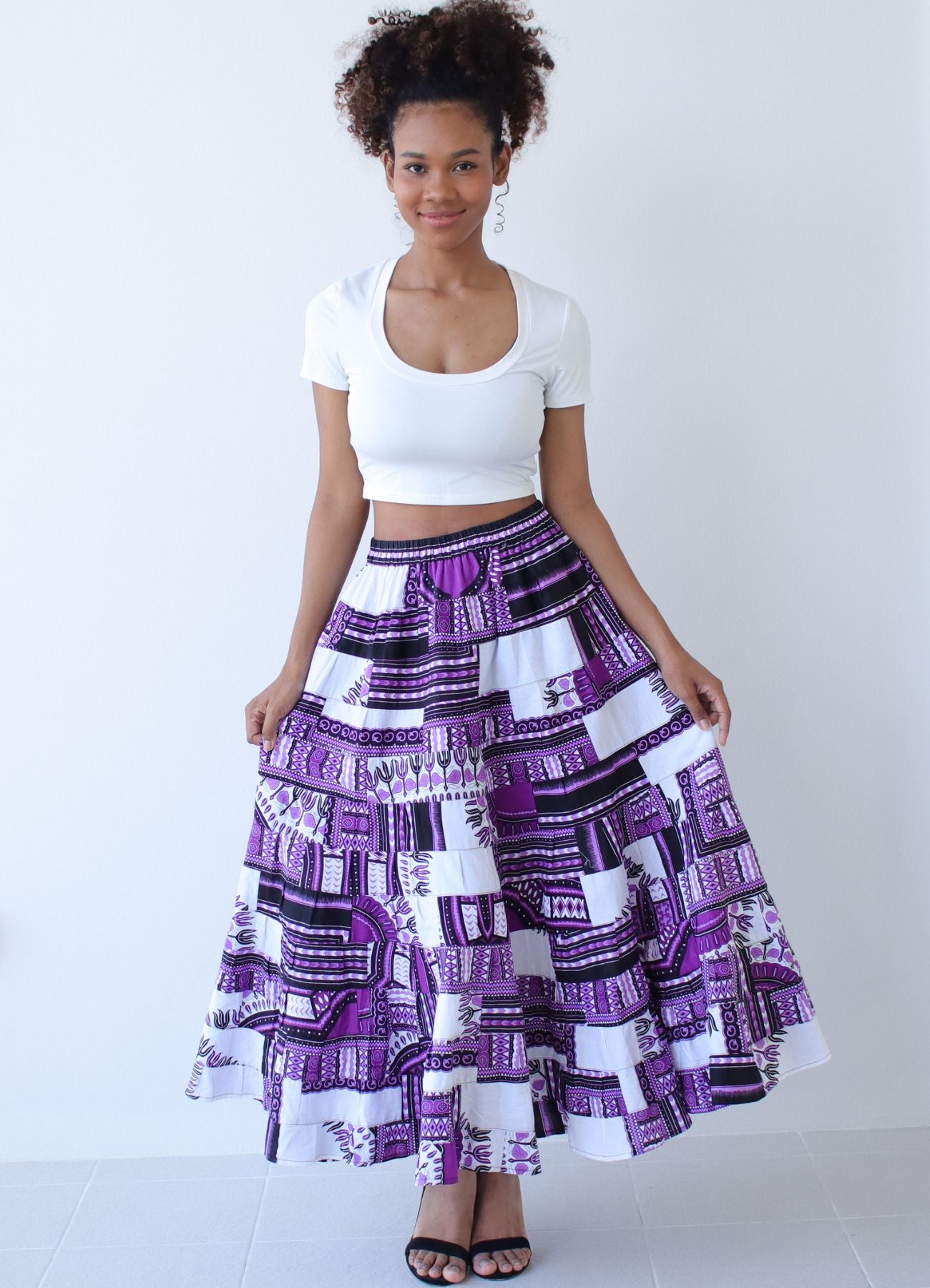 African Dashiki Skirt 14 Layer Flowing - In Bright Multi Color Patches