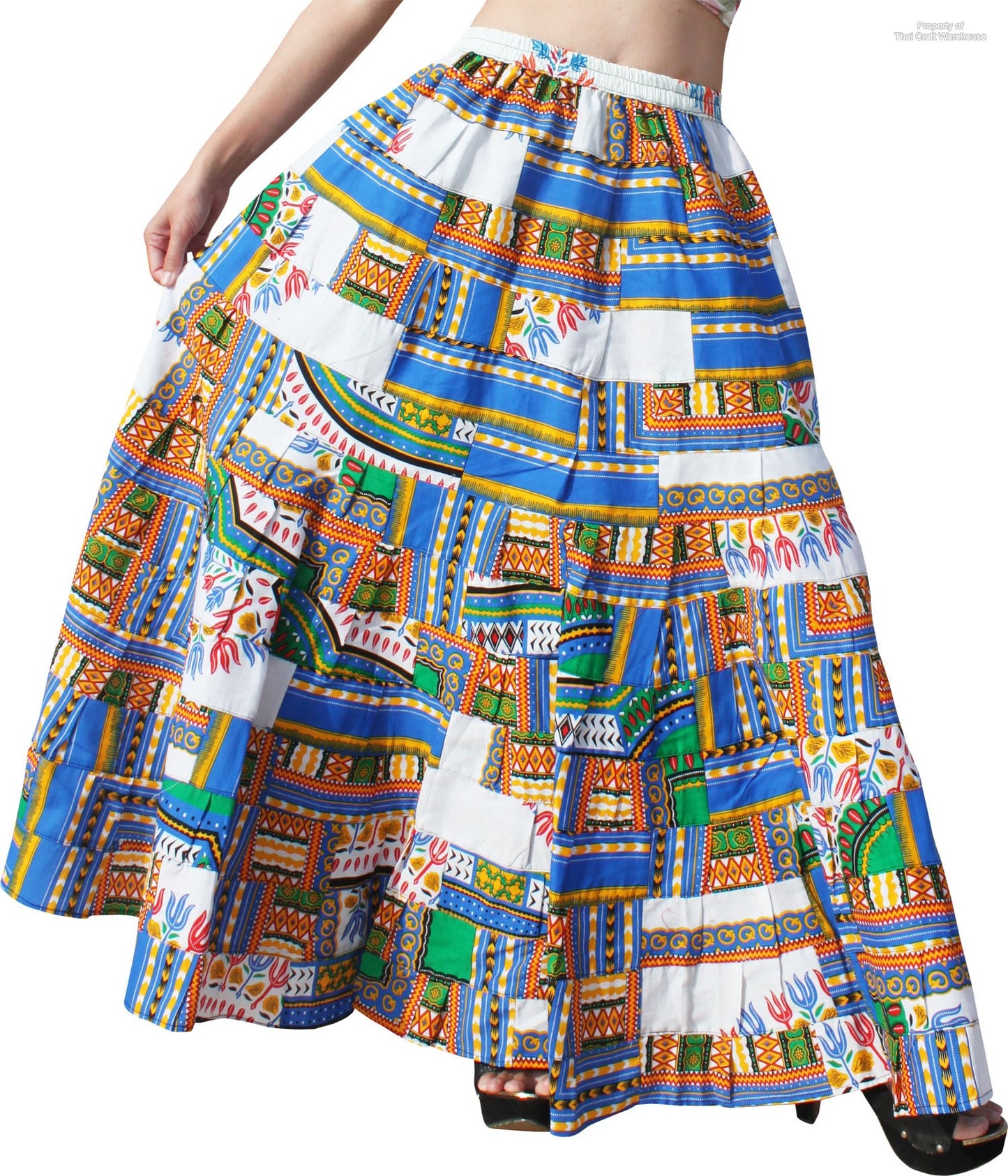 African Dashiki Skirt 14 Layer Flowing - In Bright Multi Color Patches