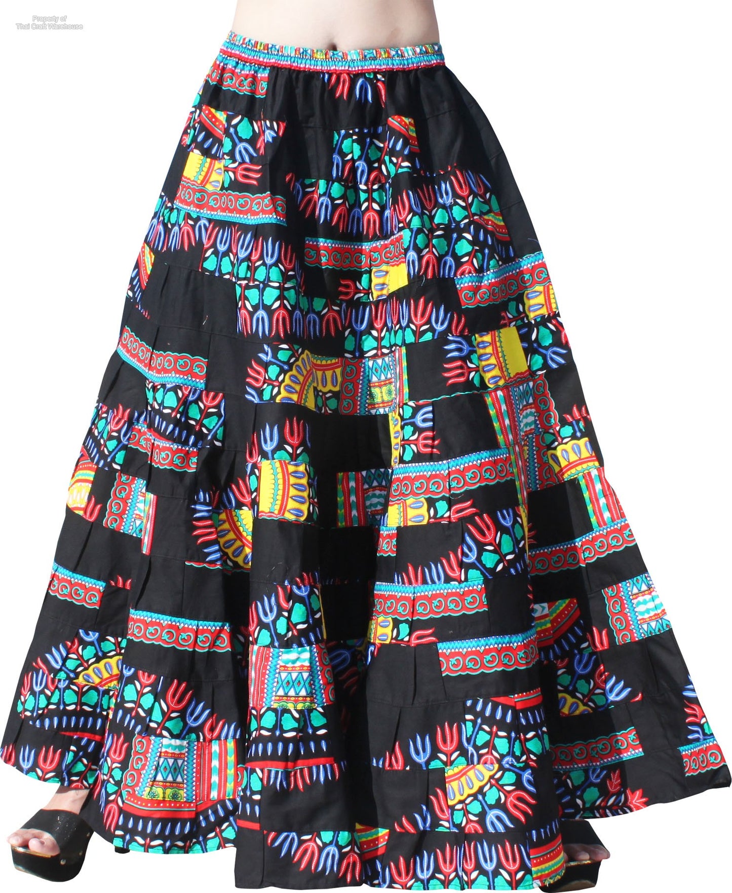 African Dashiki Skirt 14 Layer Flowing - In Bright Multi Color Patches